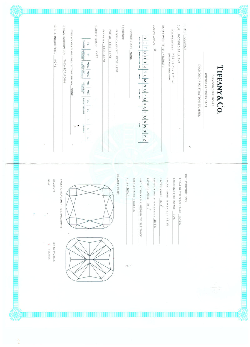 Tiffany & Co 4.17 Carat Cushion Brilliant G VVS2-VVS1 Diamond Platinum Stud Earring