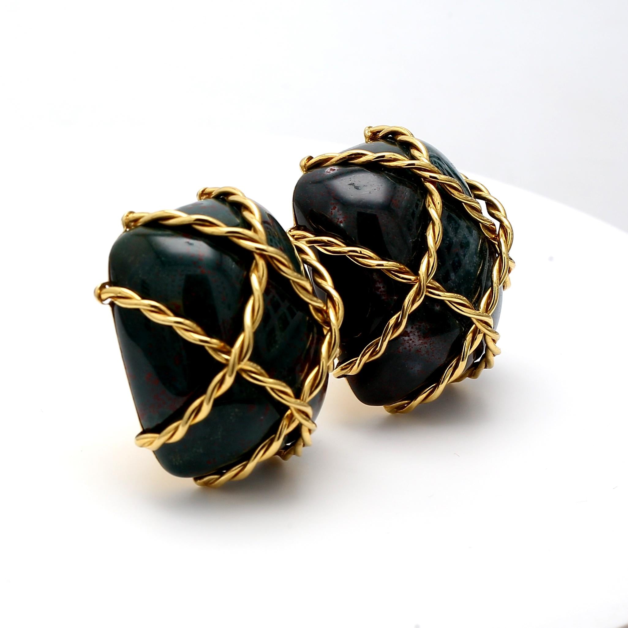 Seaman Schepps 18K Yellow Gold Bloodstone Wrapped Vintage Clip-On Earrings