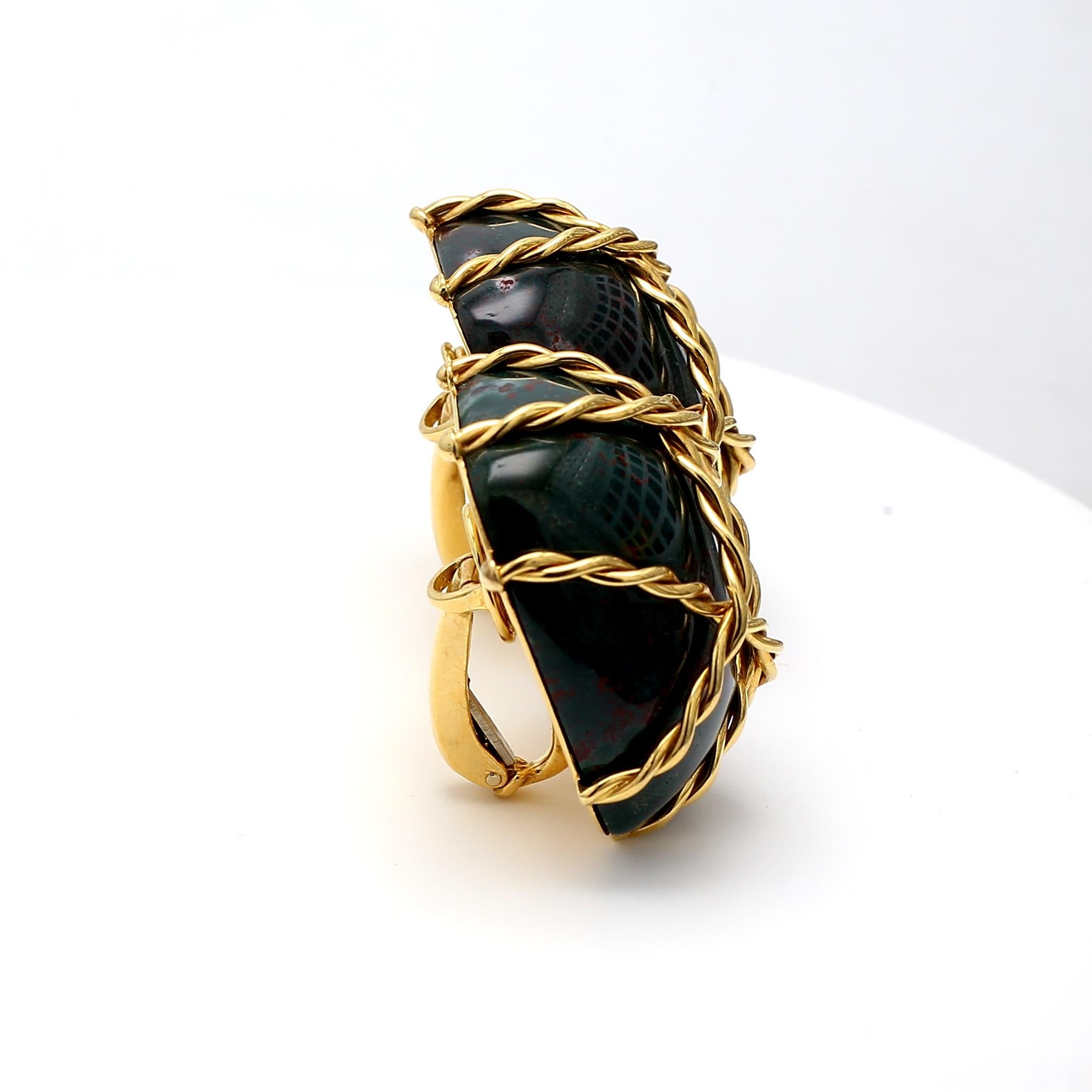 Seaman Schepps 18K Yellow Gold Bloodstone Wrapped Vintage Clip-On Earrings