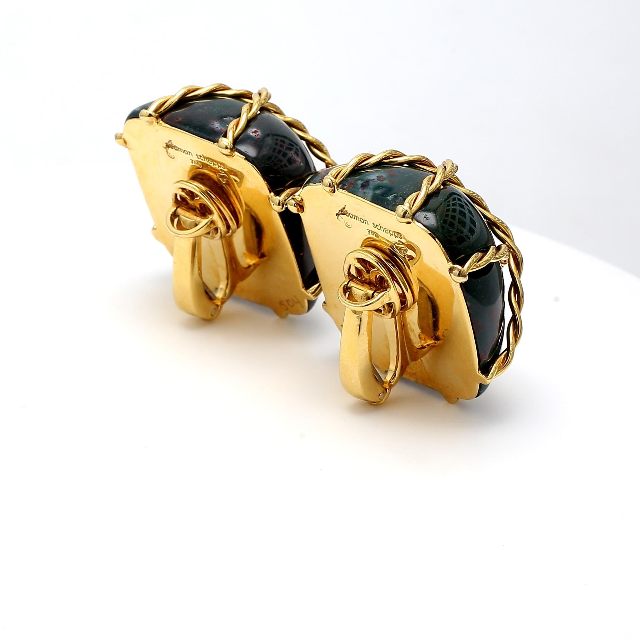 Seaman Schepps 18K Yellow Gold Bloodstone Wrapped Vintage Clip-On Earrings