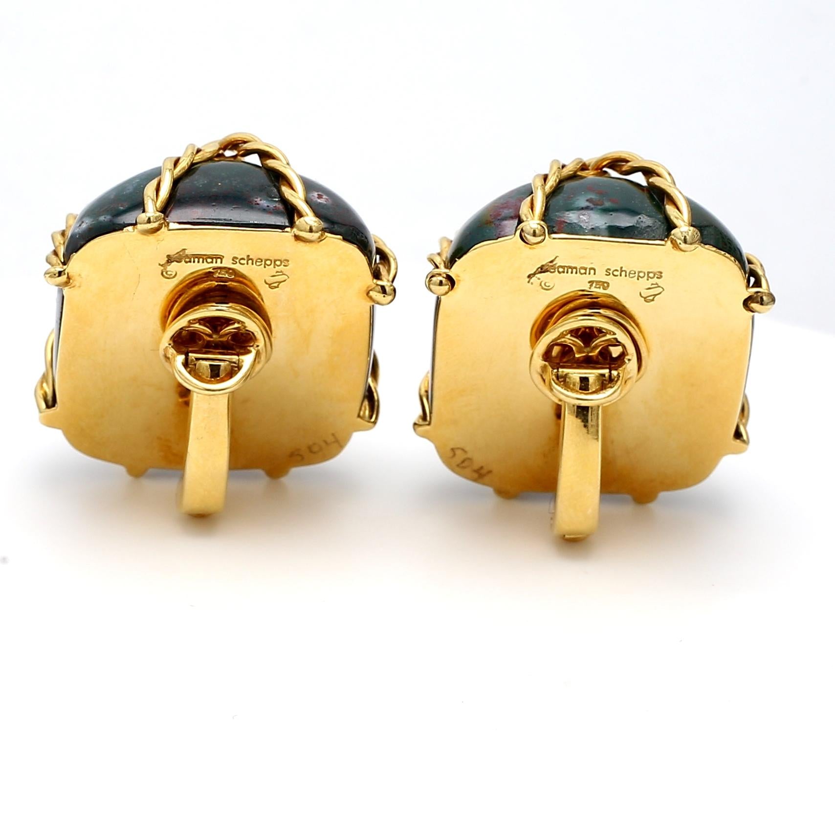 Seaman Schepps 18K Yellow Gold Bloodstone Wrapped Vintage Clip-On Earrings