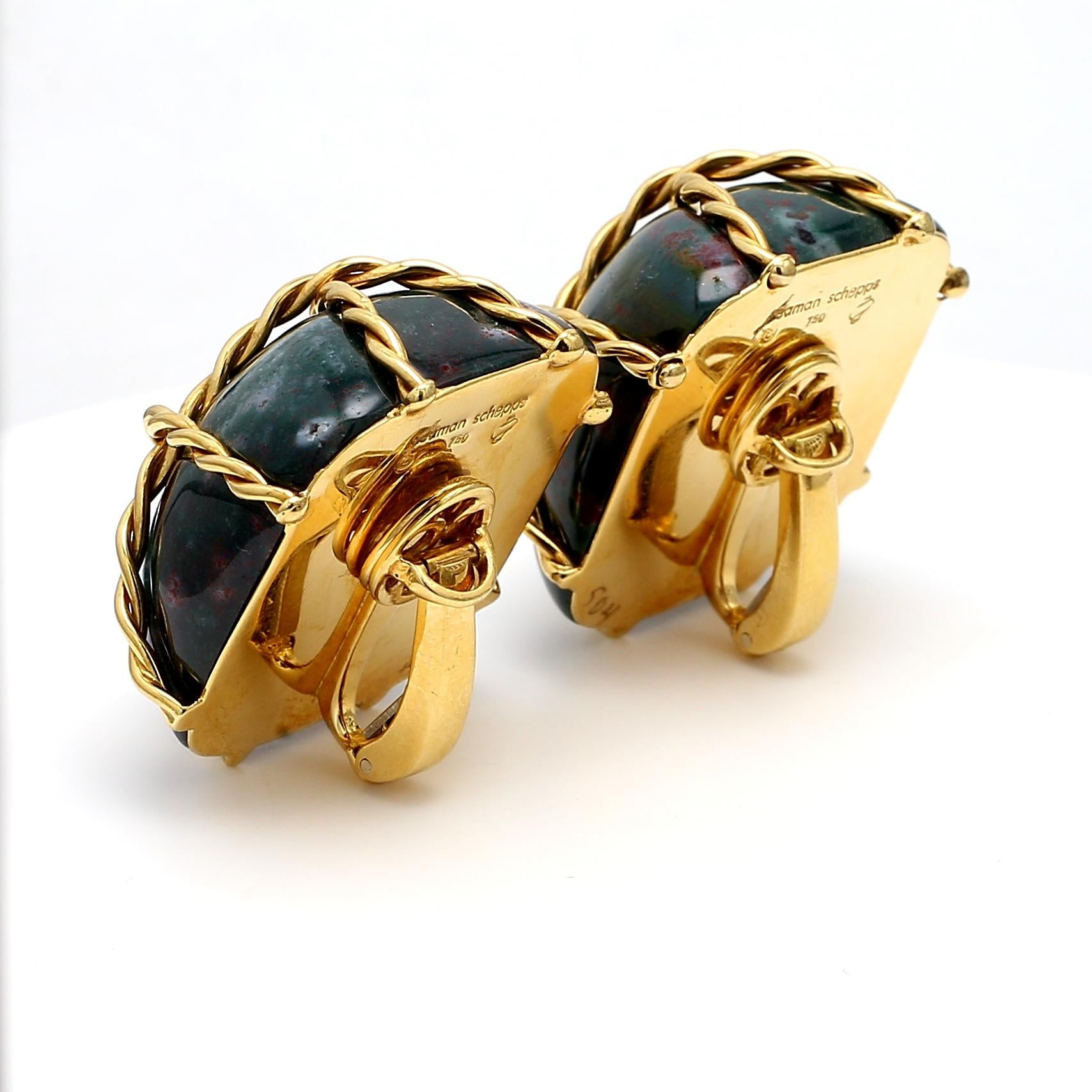 Seaman Schepps 18K Yellow Gold Bloodstone Wrapped Vintage Clip-On Earrings