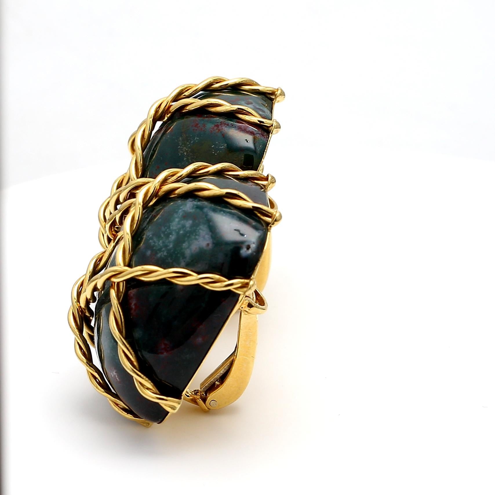 Seaman Schepps 18K Yellow Gold Bloodstone Wrapped Vintage Clip-On Earrings