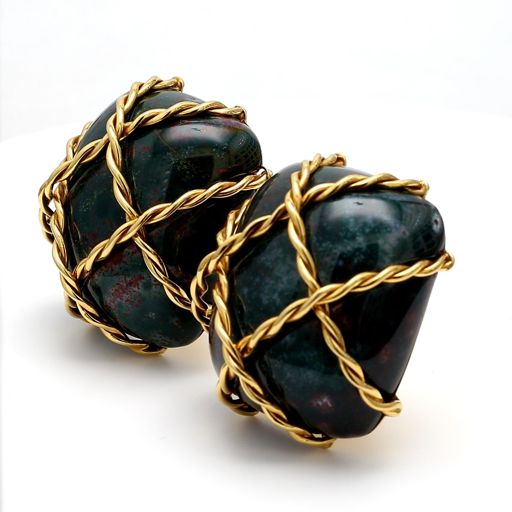 Seaman Schepps 18K Yellow Gold Bloodstone Wrapped Vintage Clip-On Earrings