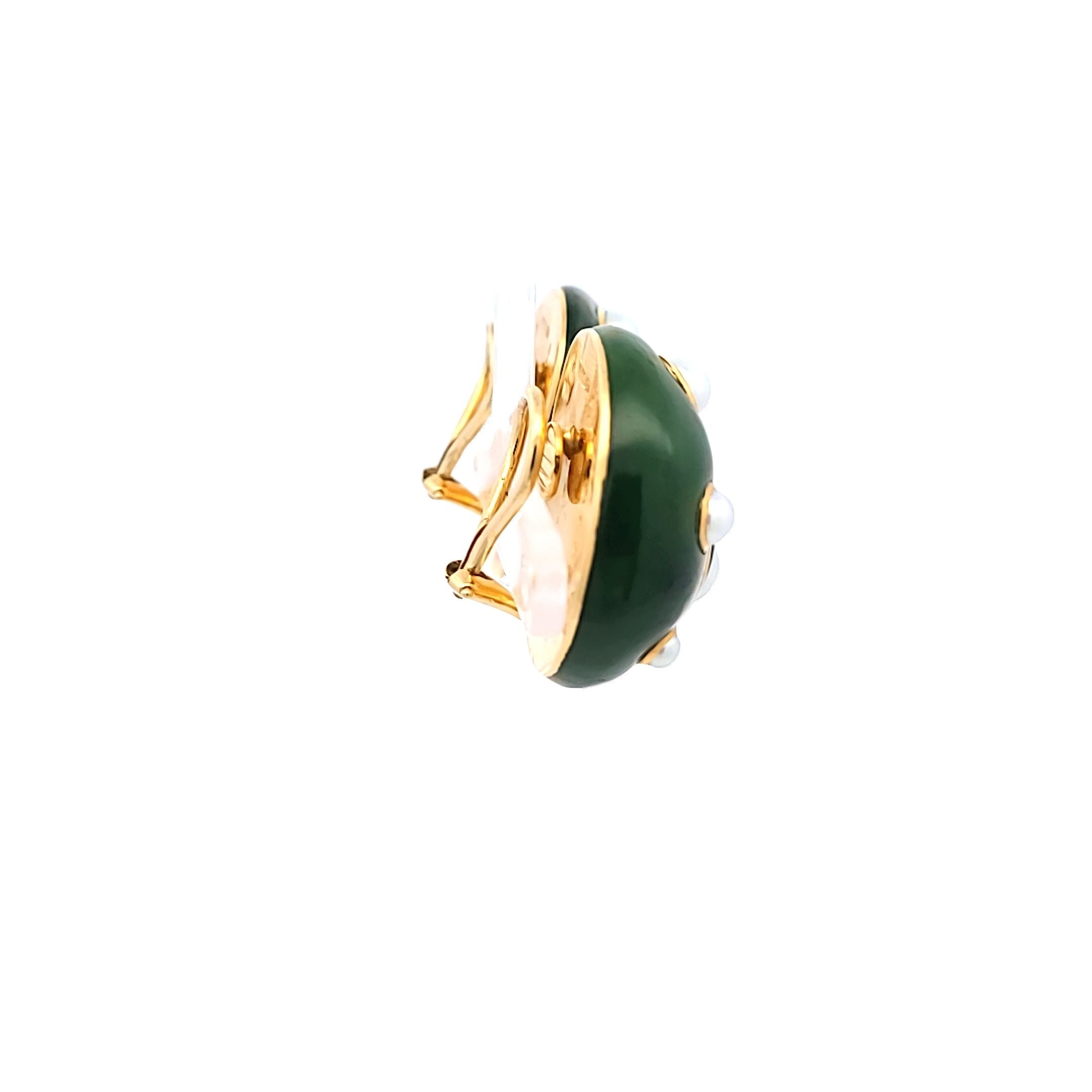 Verdura Jade and Pearl Shell 18 Karat Yellow Gold Clip On Earring