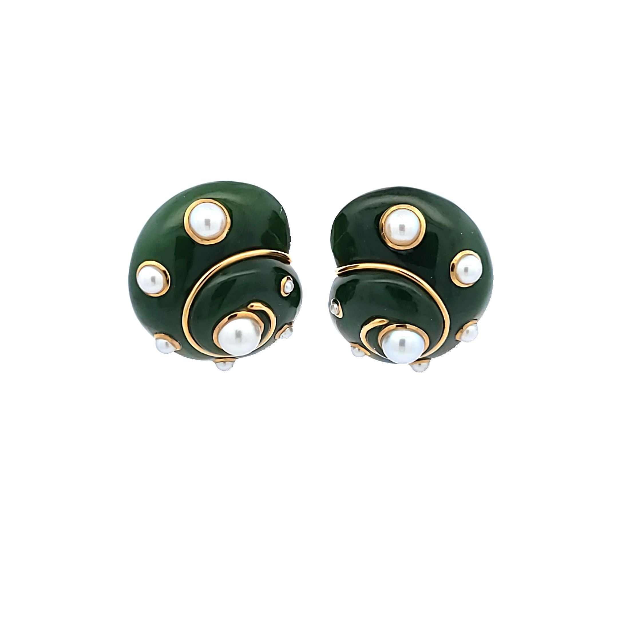 Verdura Jade and Pearl Shell 18 Karat Yellow Gold Clip On Earring