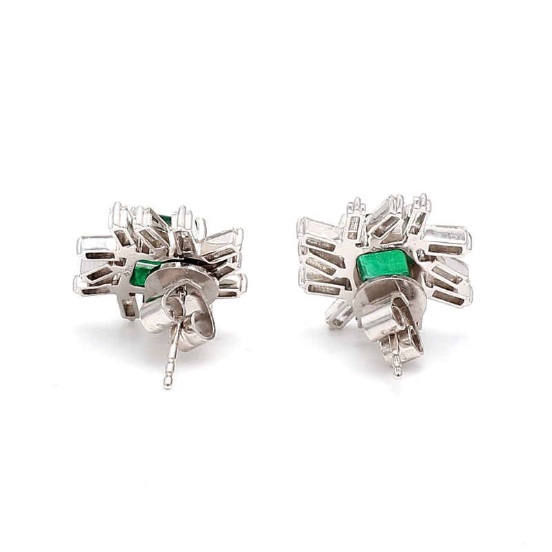 2.50 Carat Emerald 1.50 Carat Tapered BaguetteG VS1 Diamond 14 Karat White Gold Stud Earring