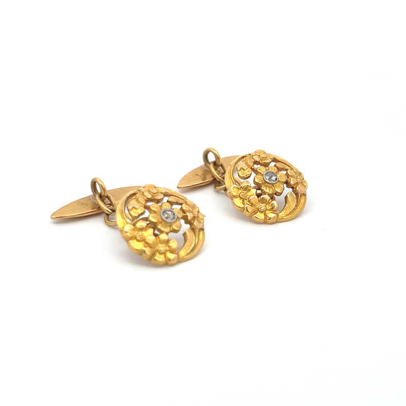 0.06 Carat Old European Cut H SI1 Diamond 18 Karat Yellow Gold Chain Link Cufflinks