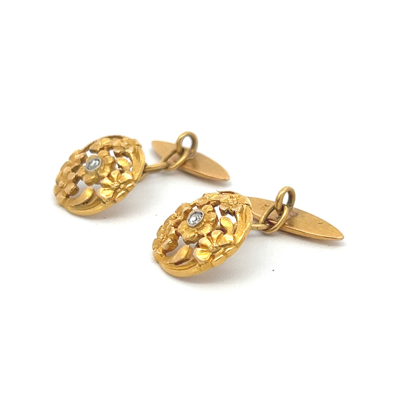 0.06 Carat Old European Cut H SI1 Diamond 18 Karat Yellow Gold Chain Link Cufflinks