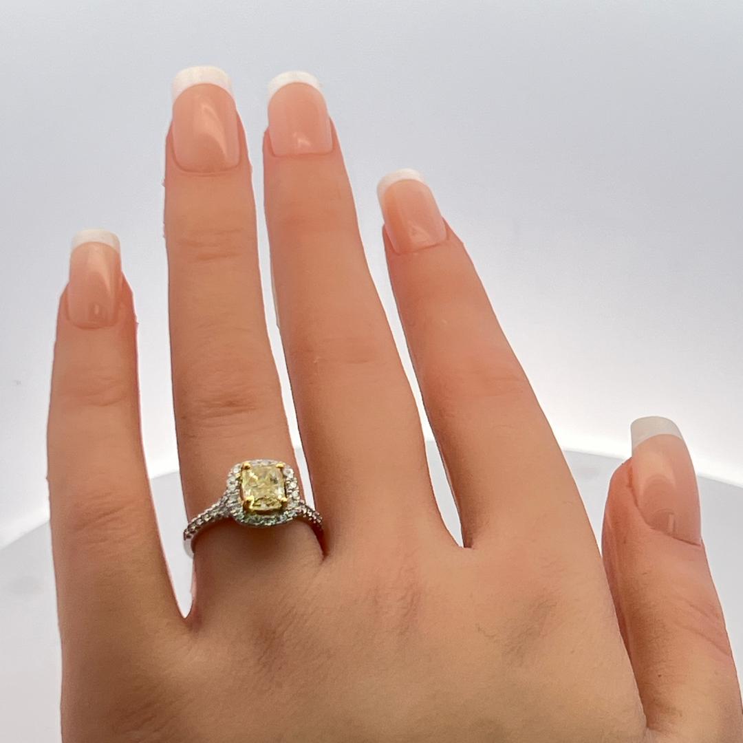 1.92 Carat Radiant Fancy light yellow and Round Diamond 14K WG Engagement Ring