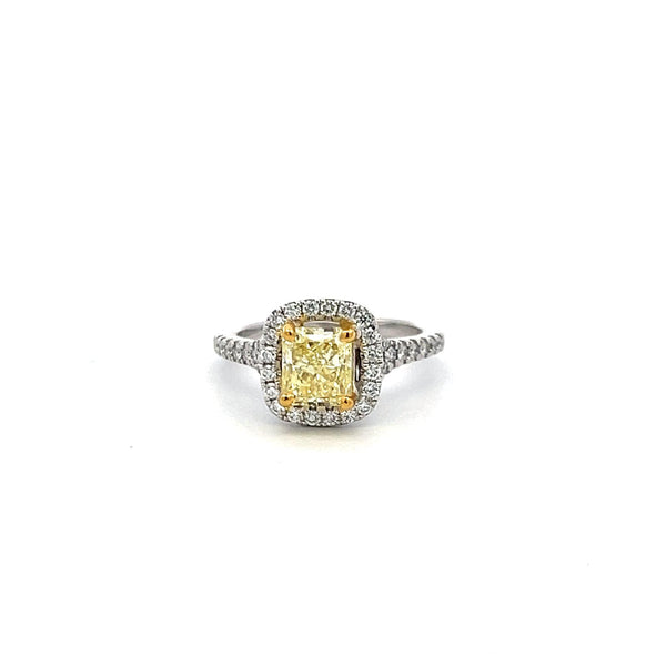 1.92 Carat Radiant Fancy light yellow and Round Diamond 14K WG Engagement Ring