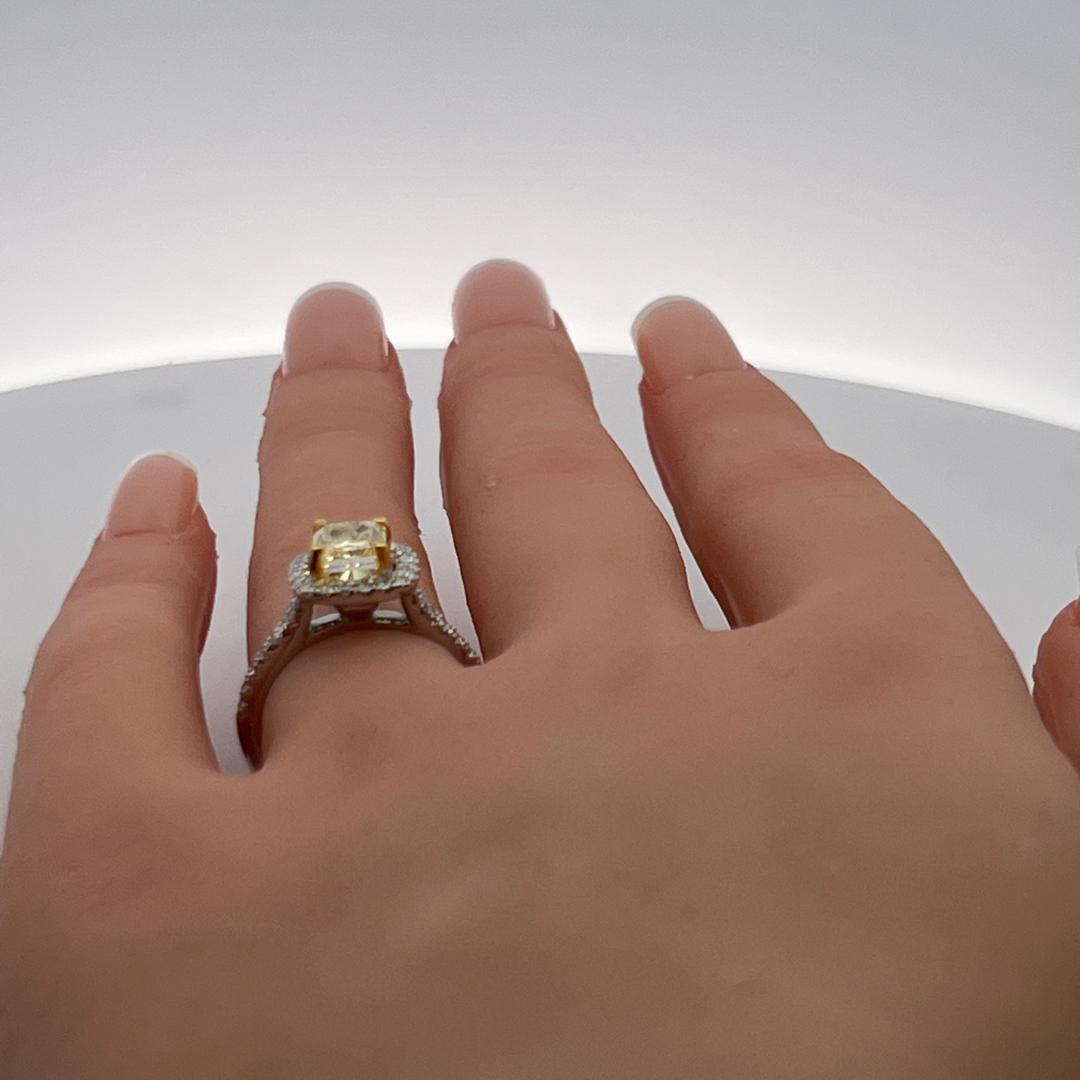1.92 Carat Radiant Fancy light yellow and Round Diamond 14K WG Engagement Ring