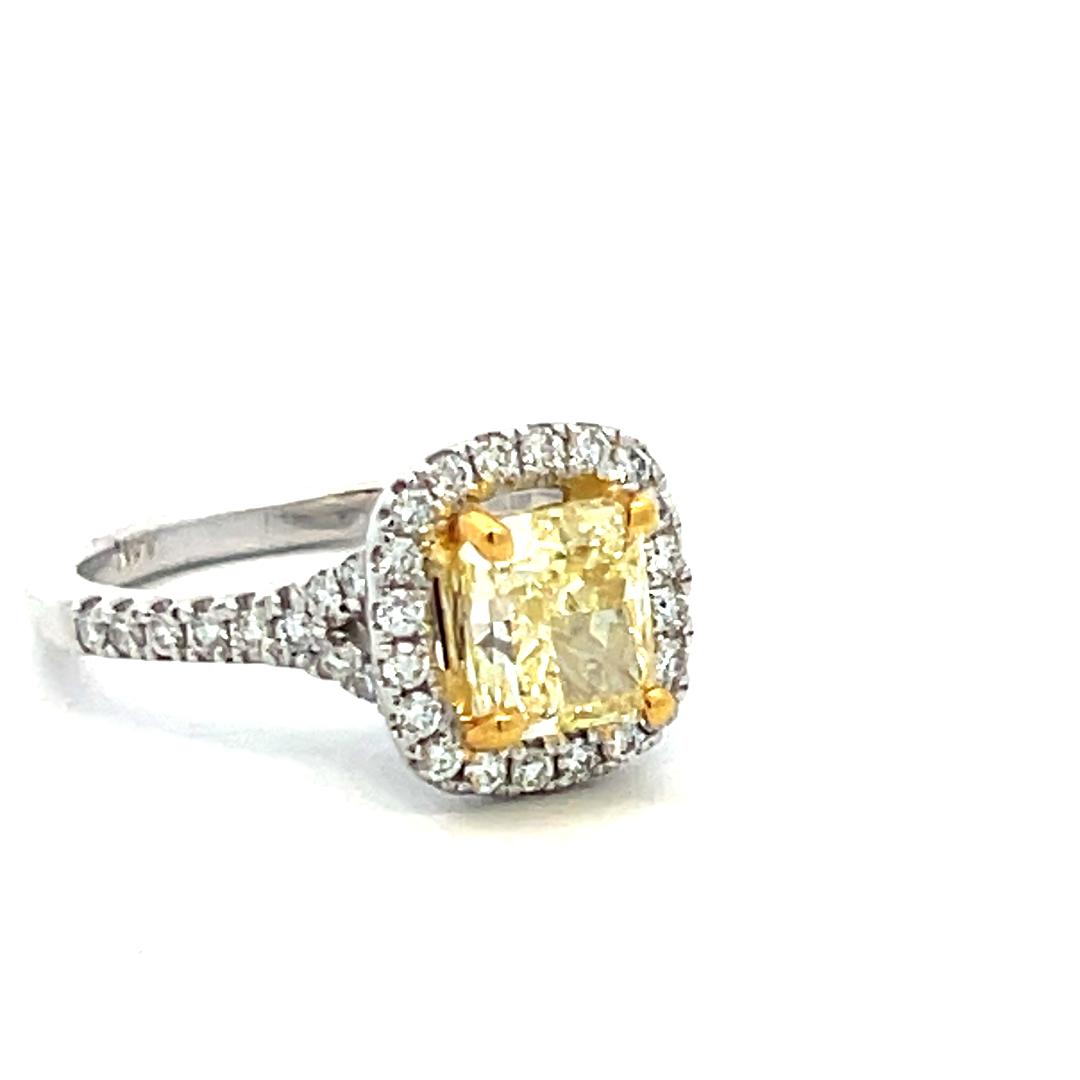 1.92 Carat Radiant Fancy light yellow and Round Diamond 14K WG Engagement Ring