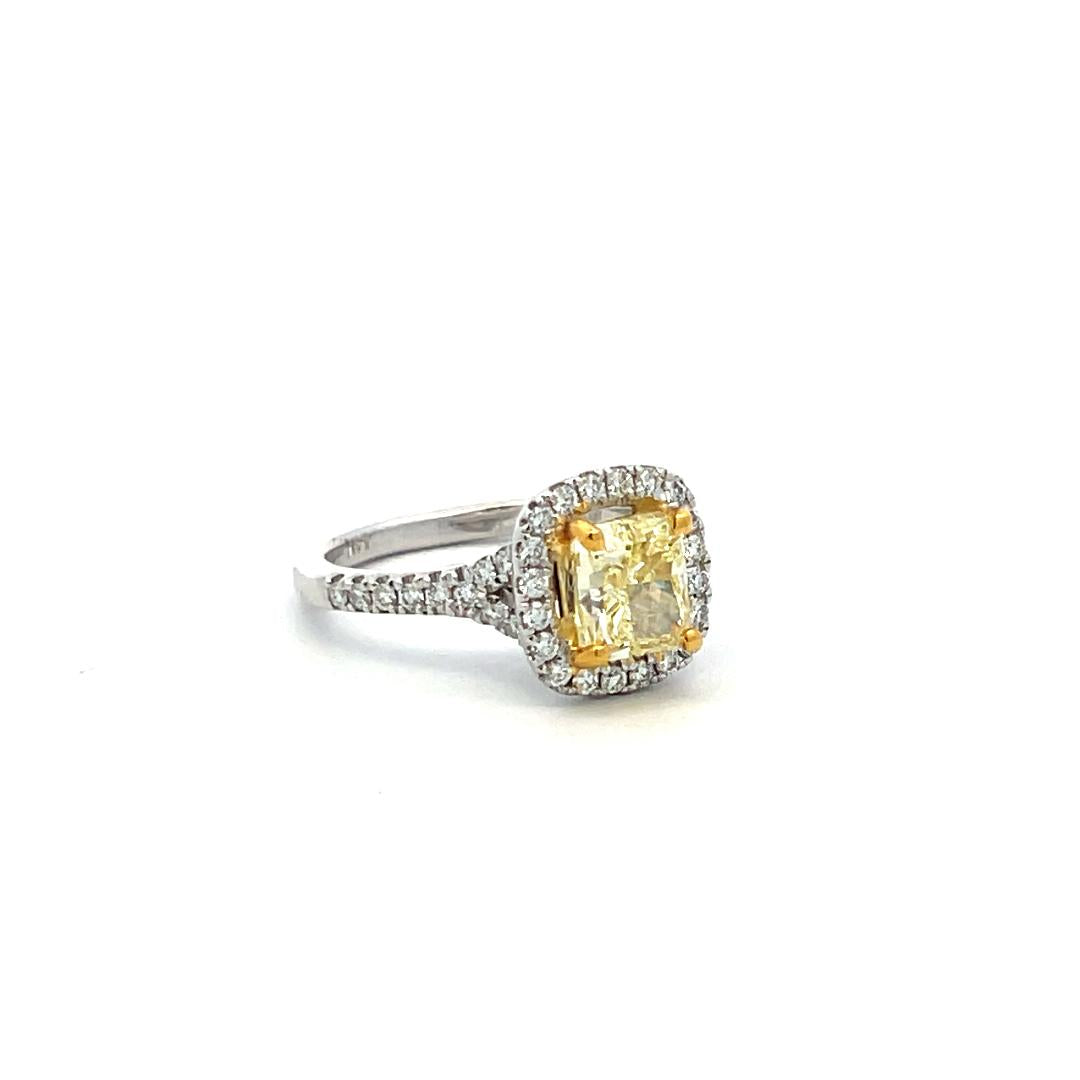 1.92 Carat Radiant Fancy light yellow and Round Diamond 14K WG Engagement Ring