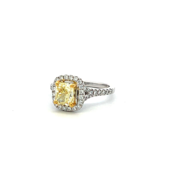 1.92 Carat Radiant Fancy light yellow and Round Diamond 14K WG Engagement Ring