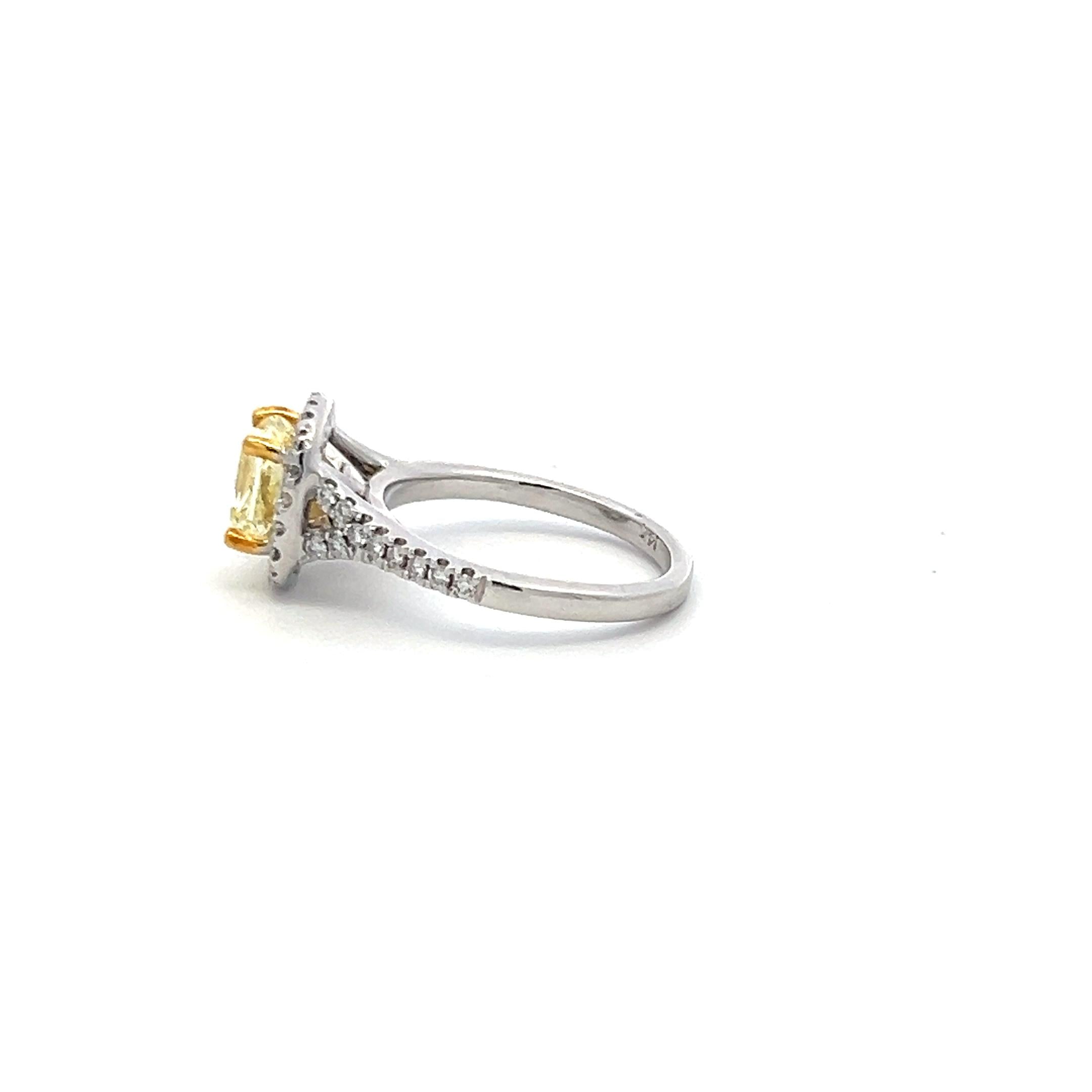 1.92 Carat Radiant Fancy light yellow and Round Diamond 14K WG Engagement Ring