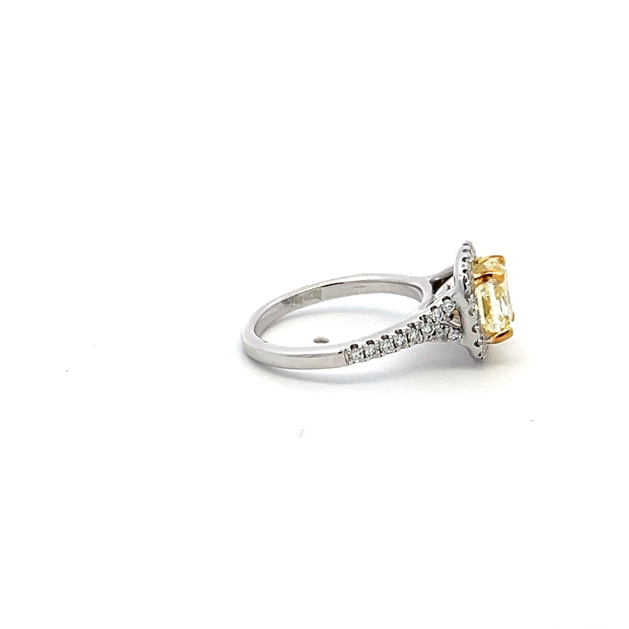 1.92 Carat Radiant Fancy light yellow and Round Diamond 14K WG Engagement Ring
