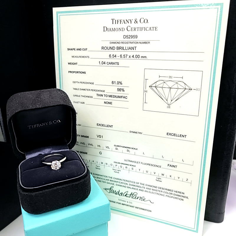 Tiffany & Co 1.04 Carat Round Brilliant G VS1 Diamond Platinum Engagement Ring