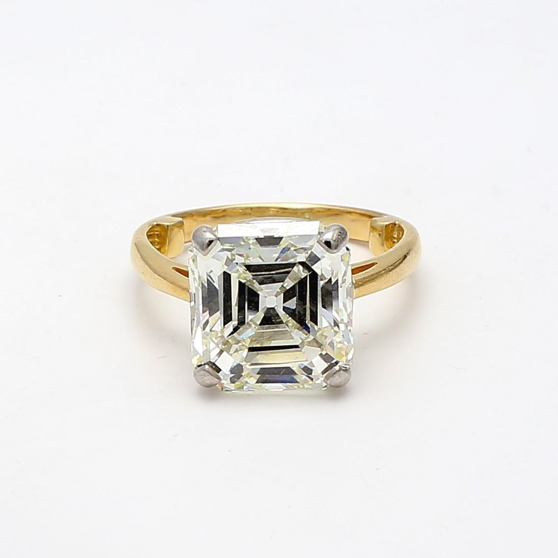 18K YG/Plat Wedding Ring with 10.42 Carat Asscher Cut Diamonds Size 7 L VS1 GIA