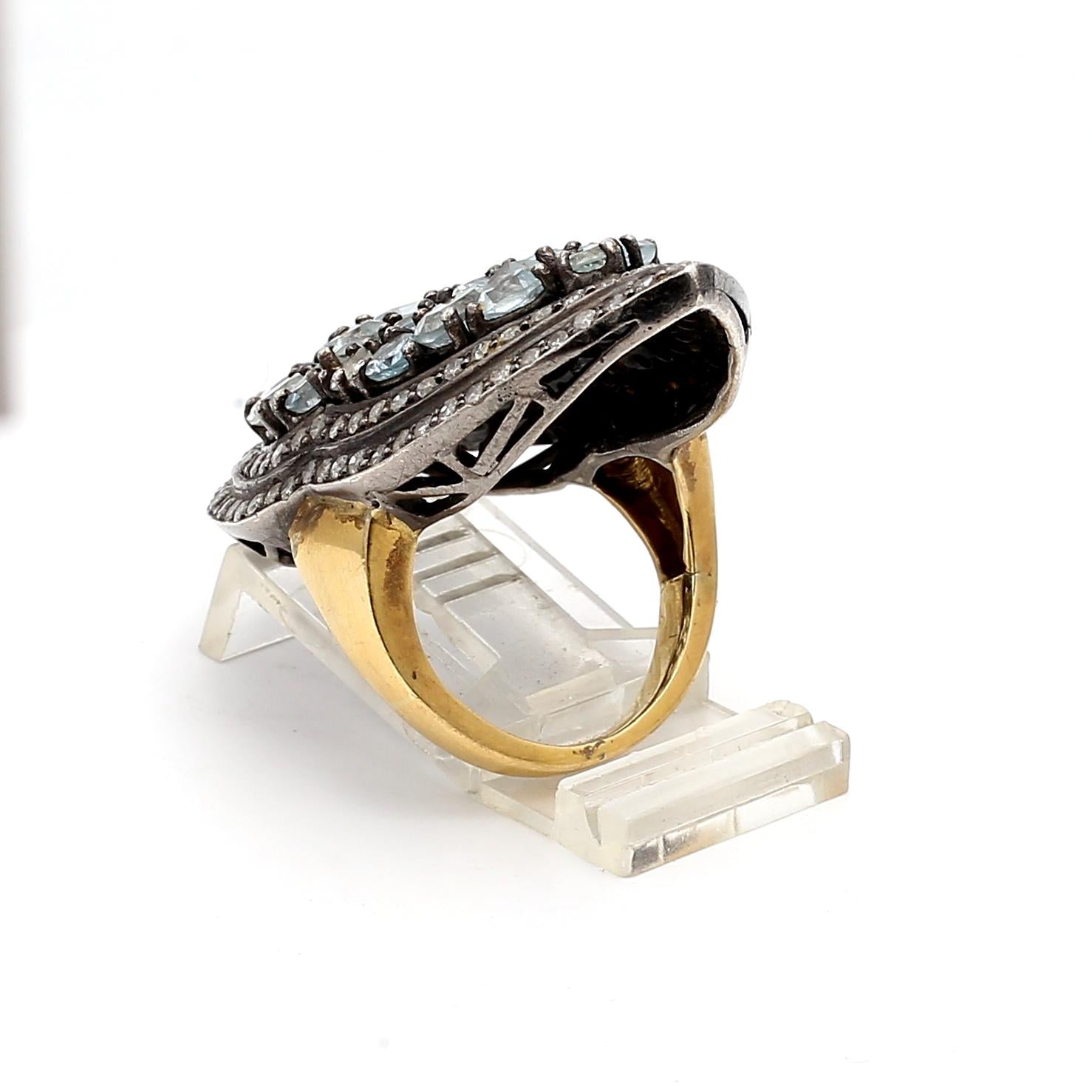 Vintage 14K Two Tone Gold/Slv Cocktail Ring with 1 Carat Aquamarine Gemstones