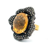 32.00 Carat Citrine 0.50 Carat Round Diamond 18K Yellow Gold/Silver Gems Stone Ring
