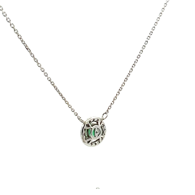 1.30 Carat Emerald 0.16 Carat Round Brilliant Diamond 14 Karat White Gold Pendant Necklace
