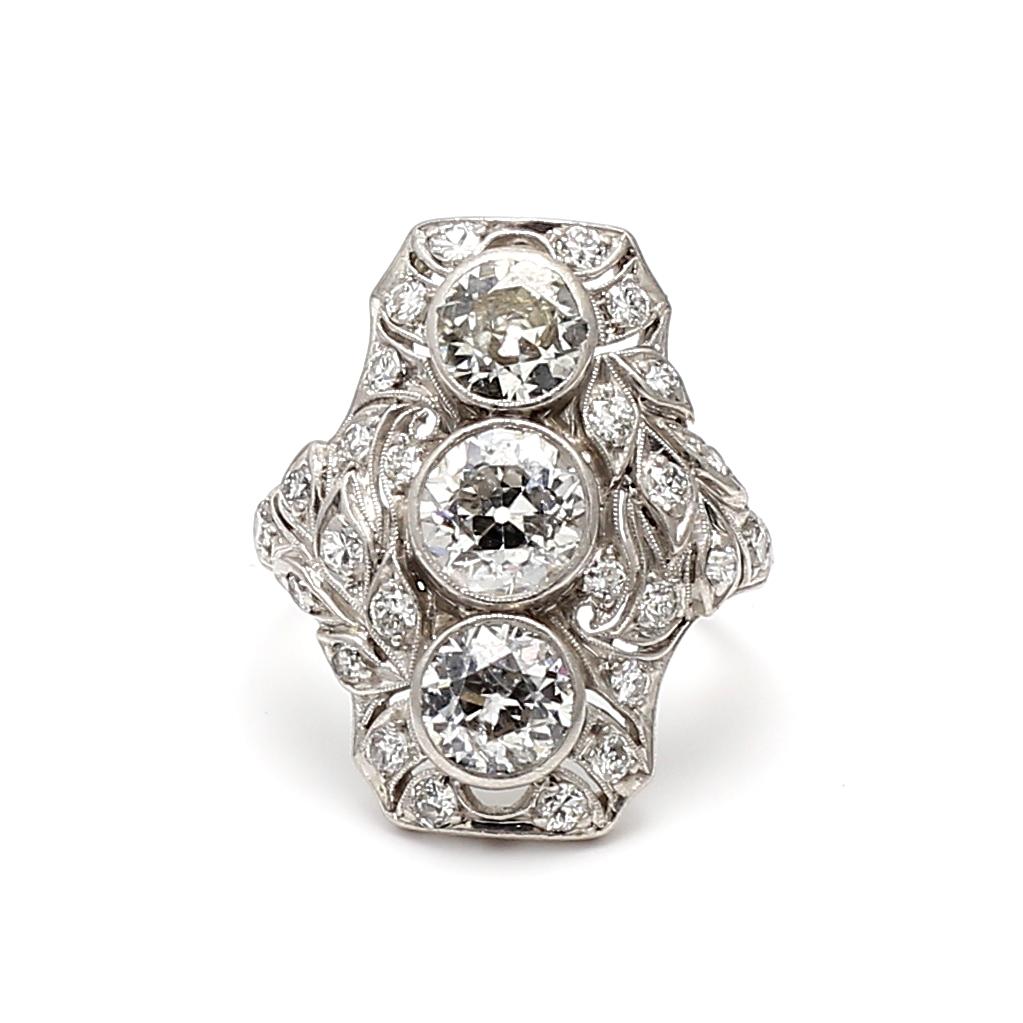 Platinum Art Deco Ring with 2.15 Carat Old European F VS Diamonds Size 5.5