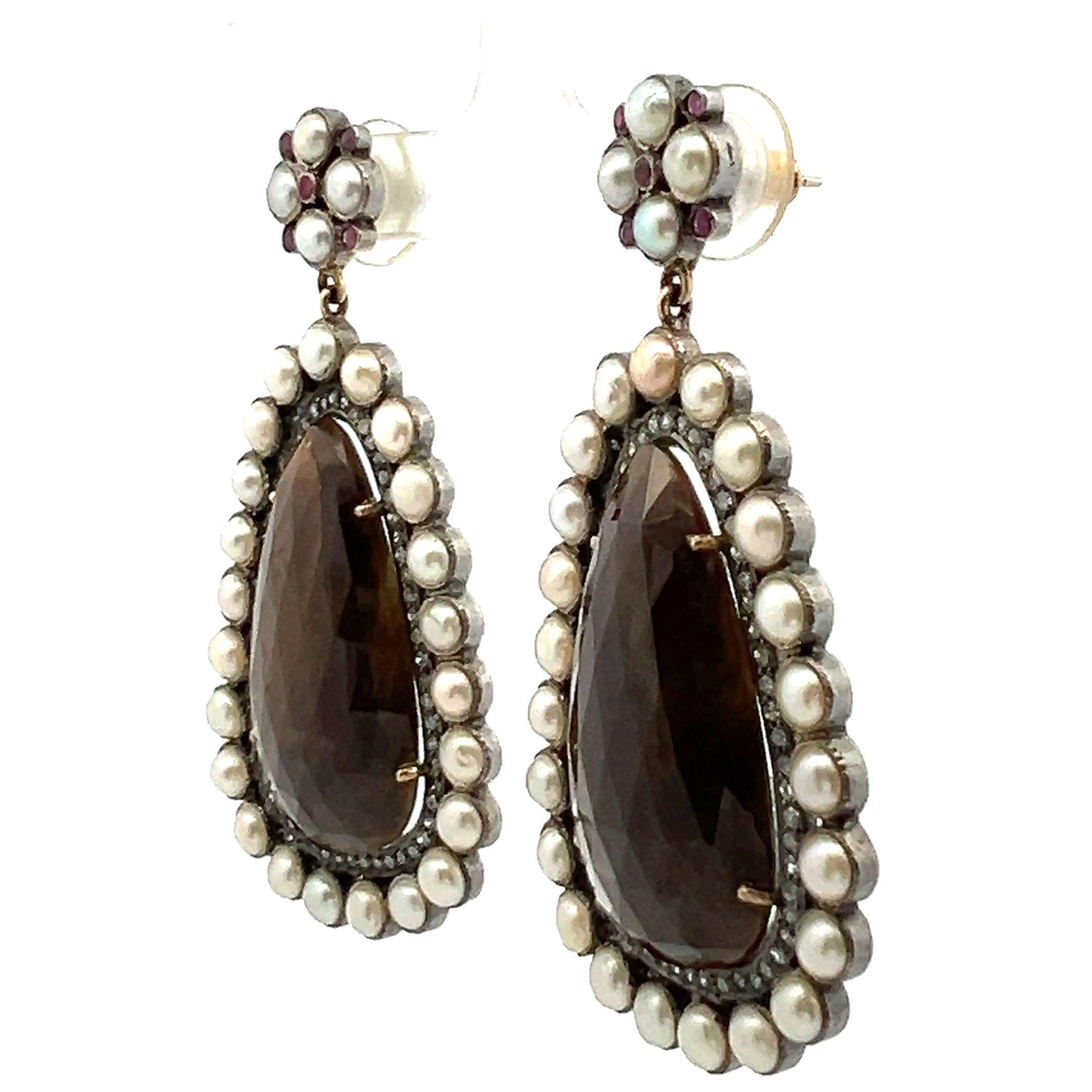 Vintage 14K Gold/Silver Drop Earrings with Gemstones and Pearls 2.5x1.25 Inch