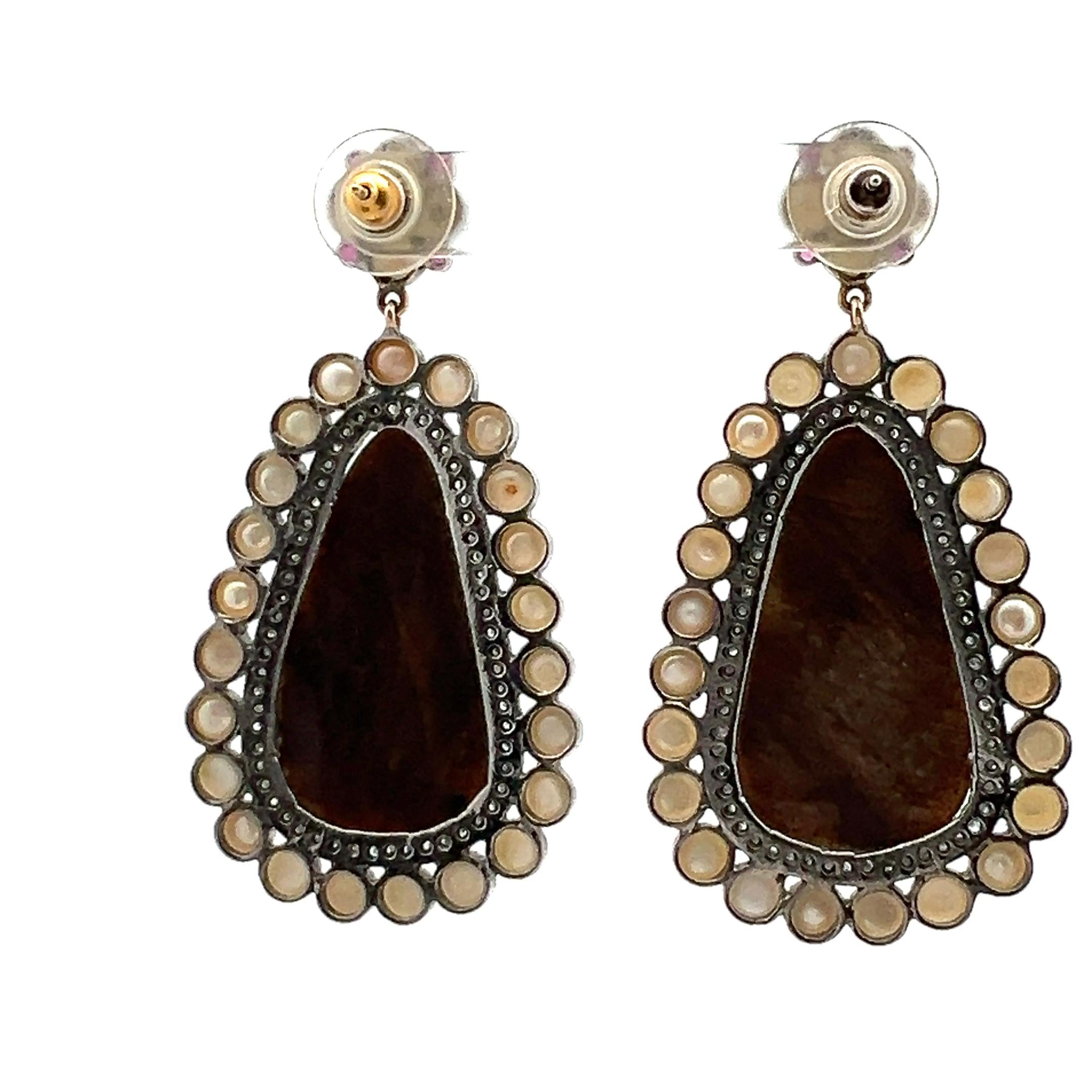 Vintage 14K Gold/Silver Drop Earrings with Gemstones and Pearls 2.5x1.25 Inch