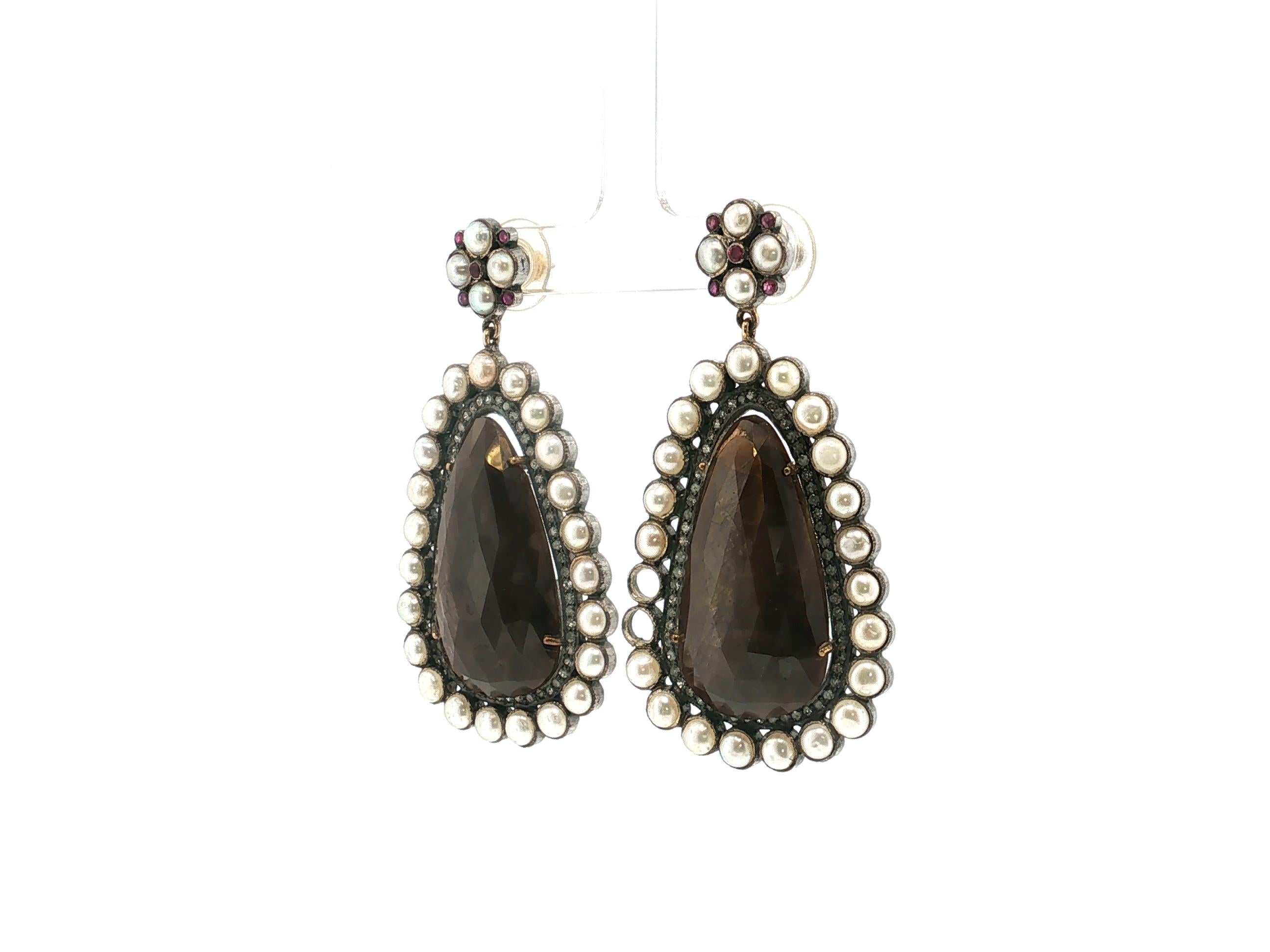 Vintage 14K Gold/Silver Drop Earrings with Gemstones and Pearls 2.5x1.25 Inch