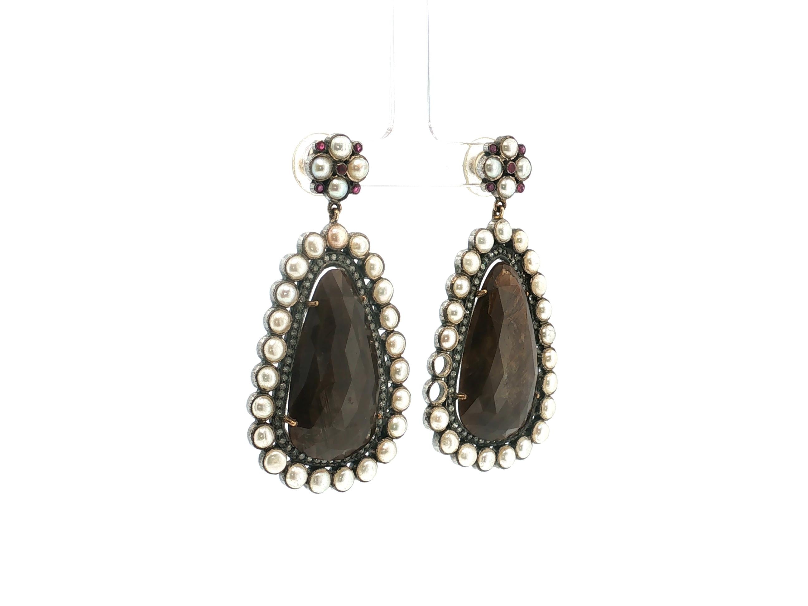Vintage 14K Gold/Silver Drop Earrings with Gemstones and Pearls 2.5x1.25 Inch