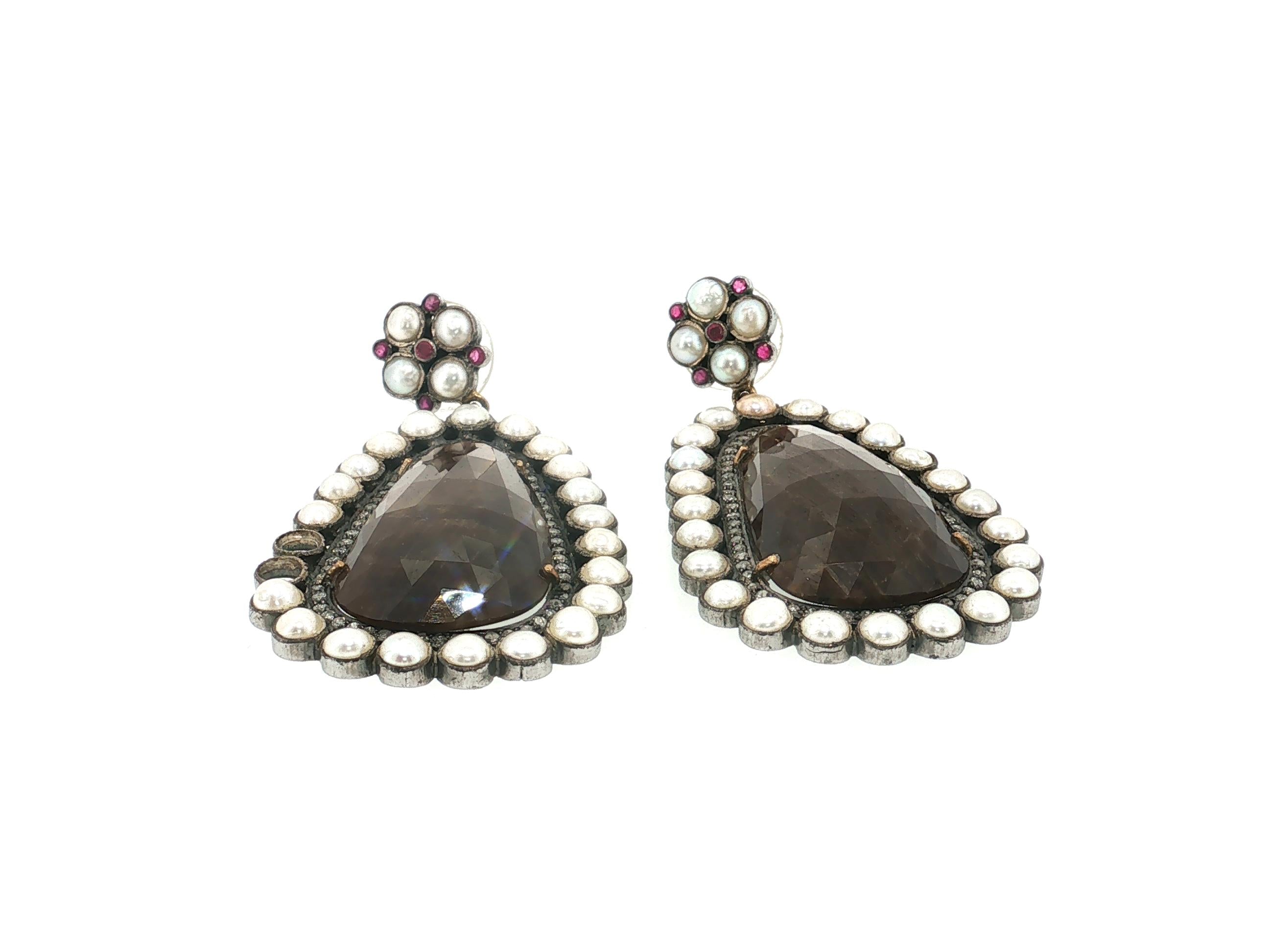 Vintage 14K Gold/Silver Drop Earrings with Gemstones and Pearls 2.5x1.25 Inch