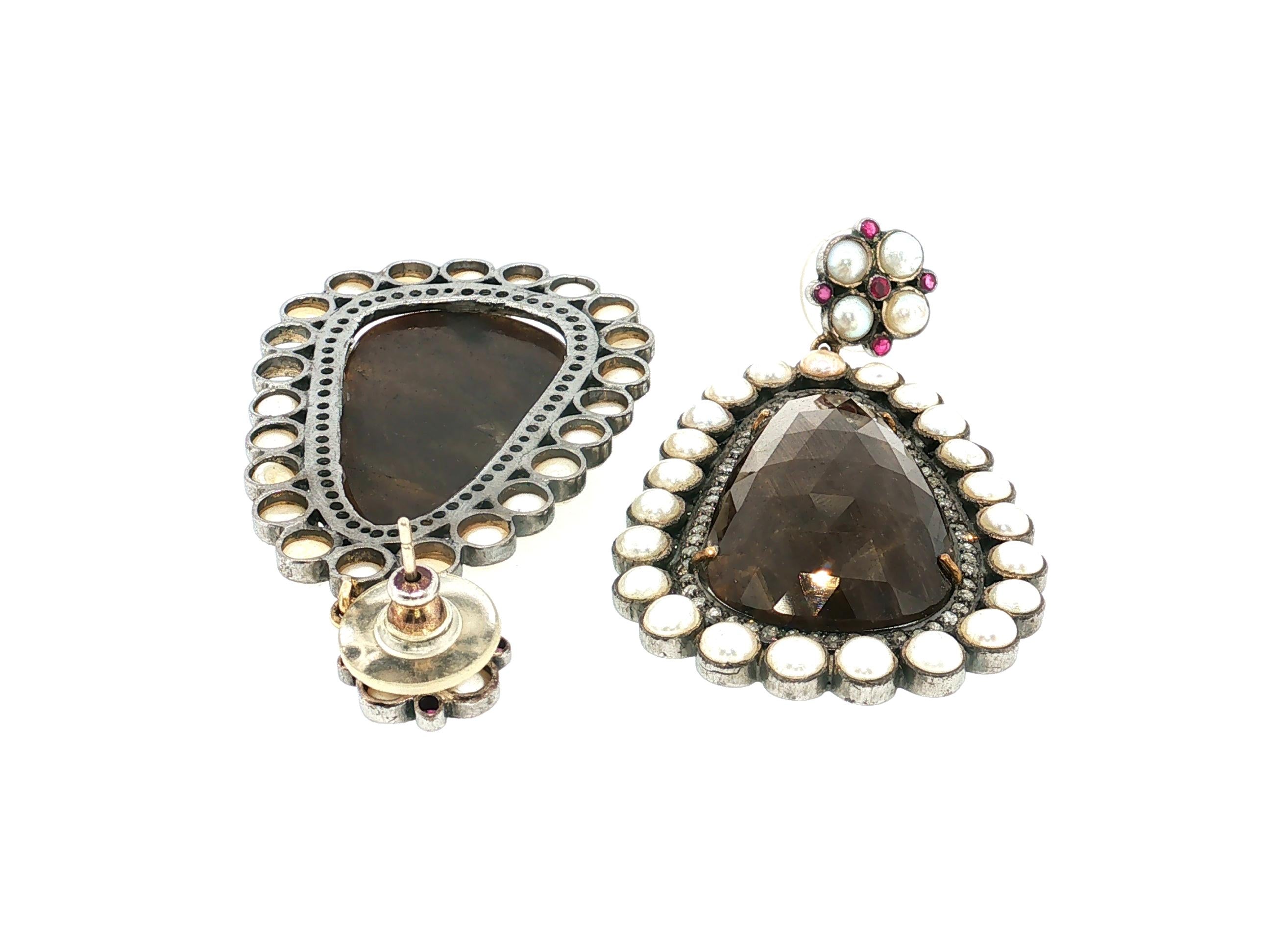 Vintage 14K Gold/Silver Drop Earrings with Gemstones and Pearls 2.5x1.25 Inch