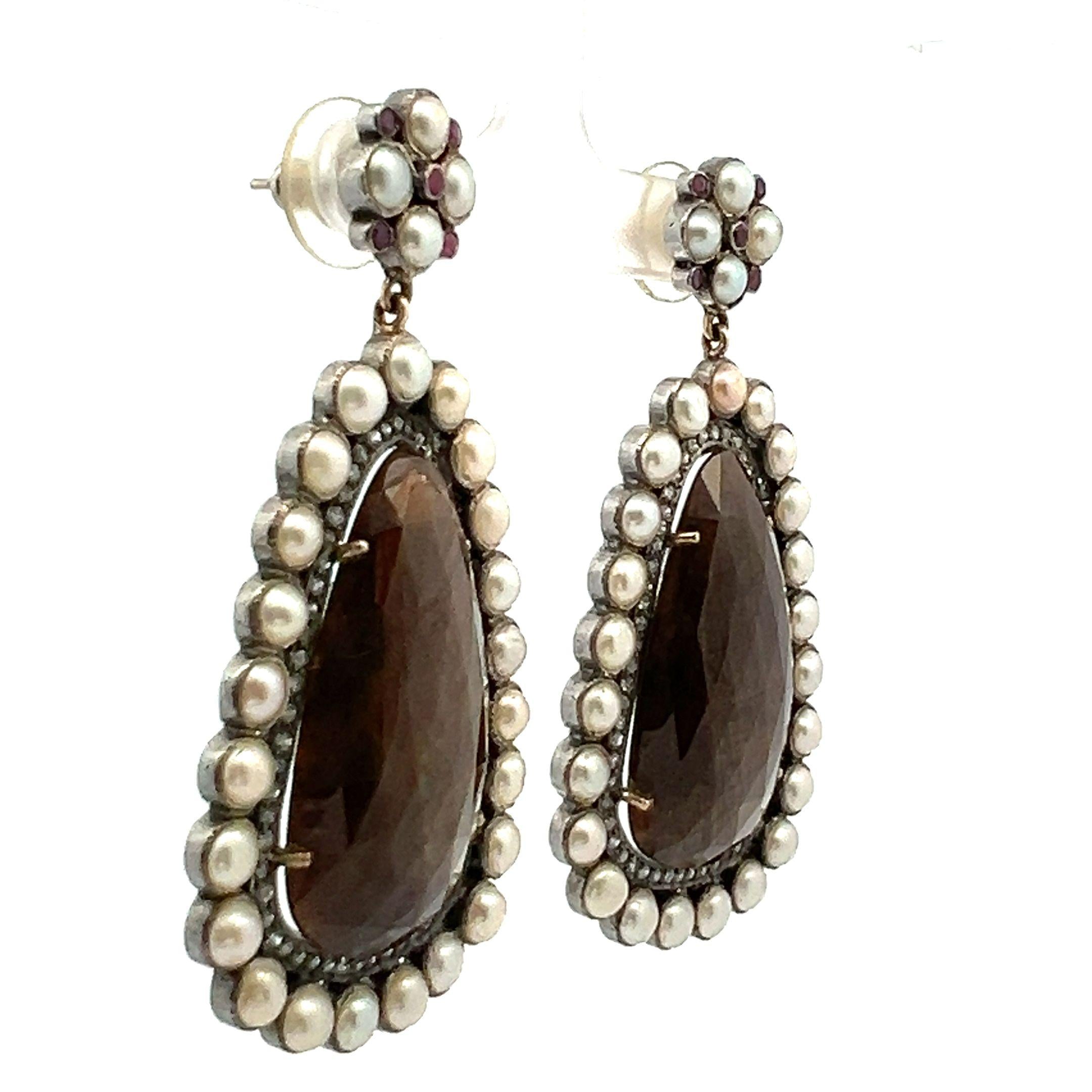 Vintage 14K Gold/Silver Drop Earrings with Gemstones and Pearls 2.5x1.25 Inch