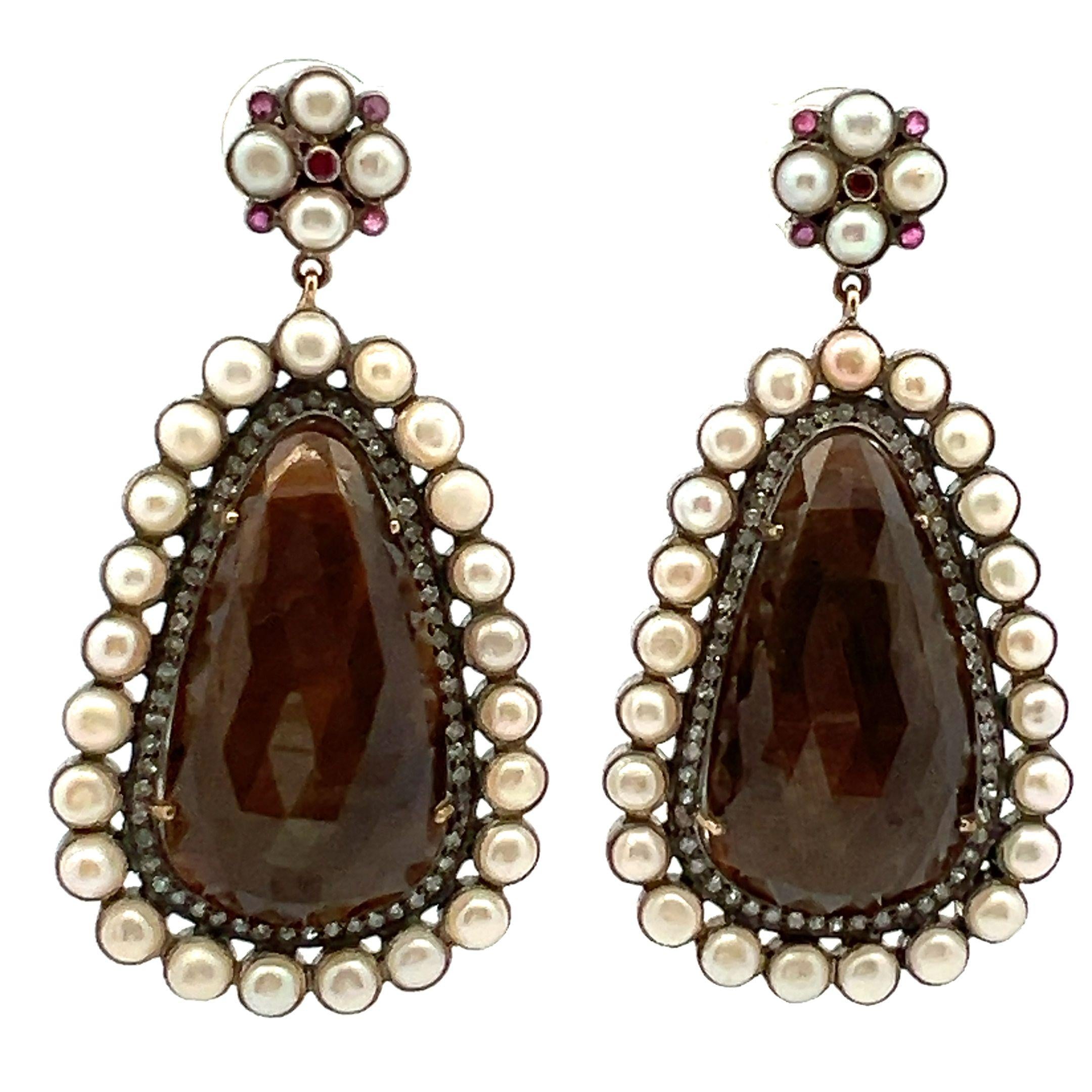 Vintage 14K Gold/Silver Drop Earrings with Gemstones and Pearls 2.5x1.25 Inch
