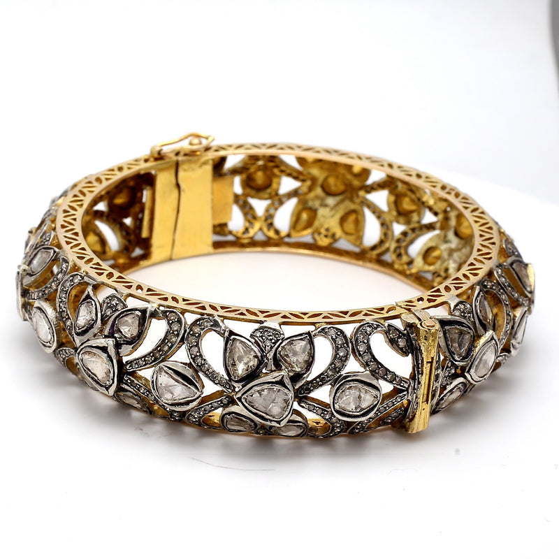 16.81 Carat Rose Cut and Round Diamond 18K Yellow Gold/Silver Bangle Bracelet