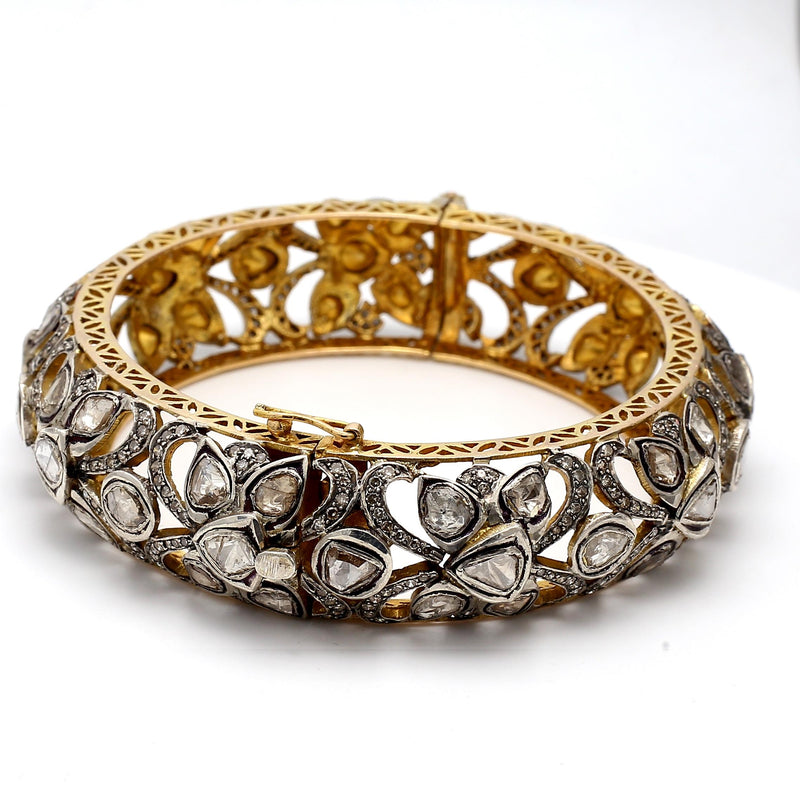 16.81 Carat Rose Cut and Round Diamond 18K Yellow Gold/Silver Bangle Bracelet