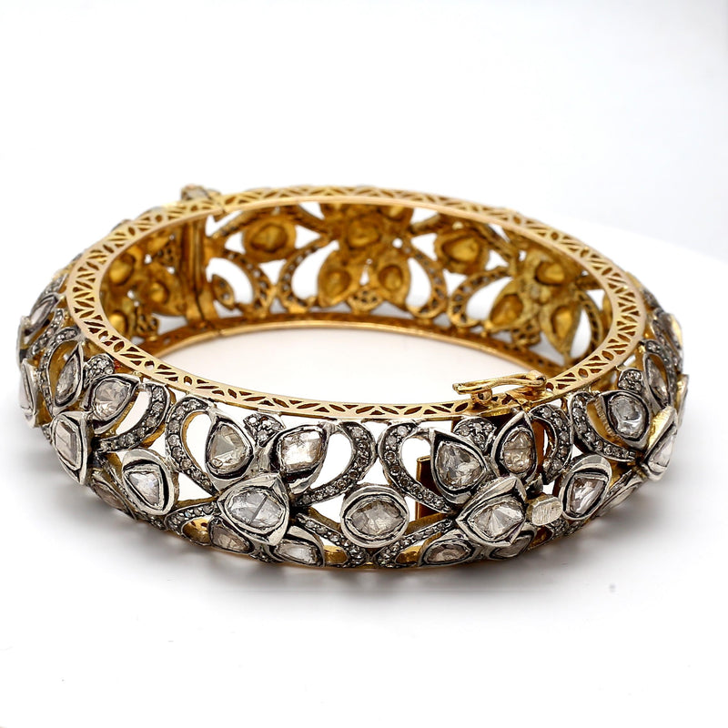 16.81 Carat Rose Cut and Round Diamond 18K Yellow Gold/Silver Bangle Bracelet