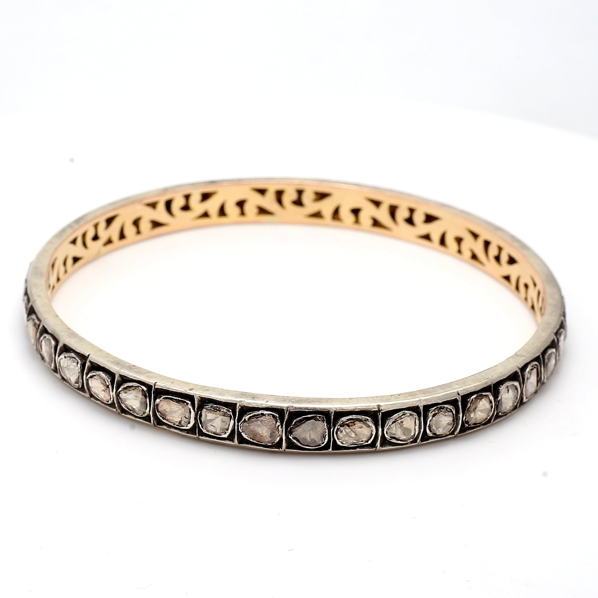 6.00 Carat Rose Cut and mixed cut I1 Diamond Gold/Silver Bangle Bracelet