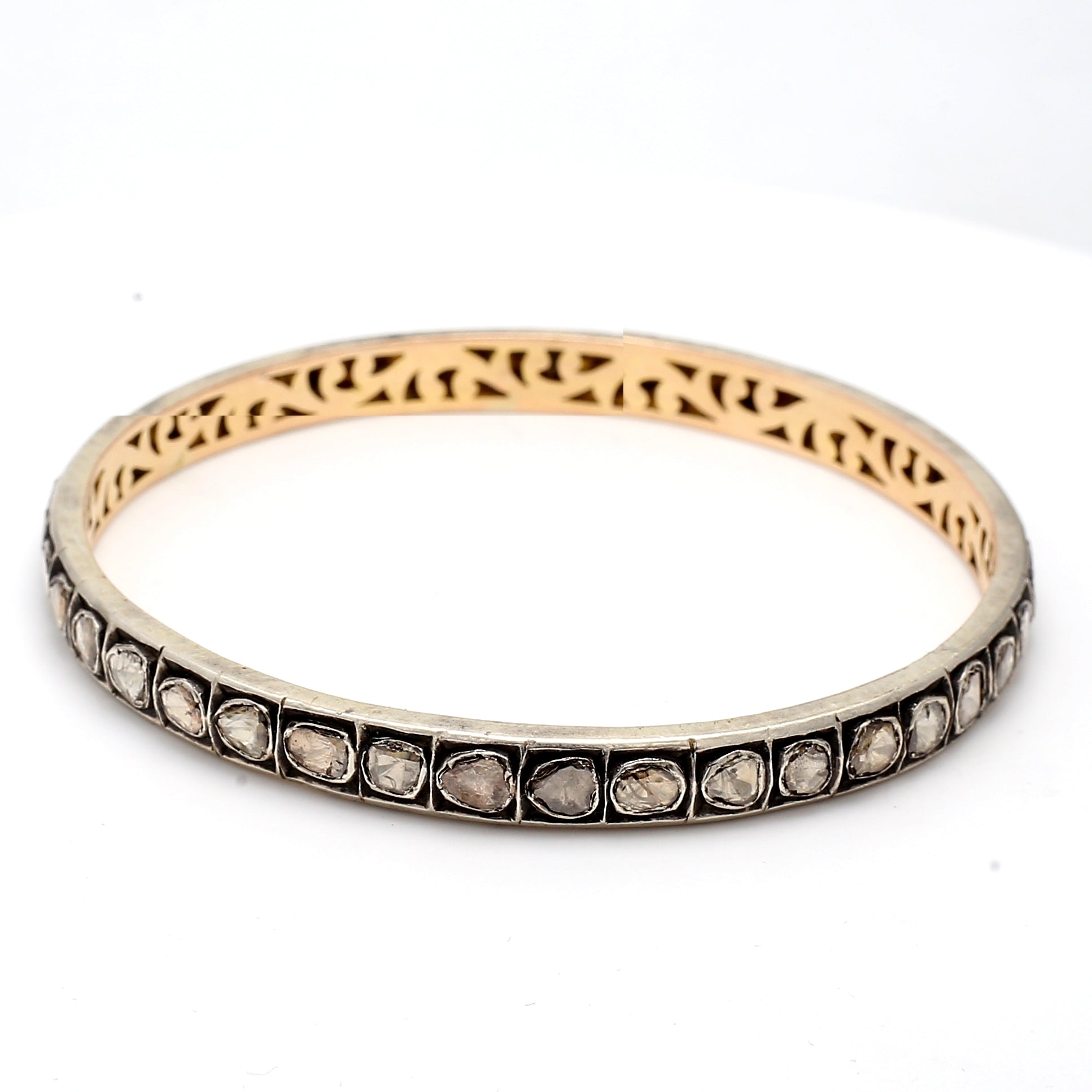 6.00 Carat Rose Cut and mixed cut I1 Diamond Gold/Silver Bangle Bracelet