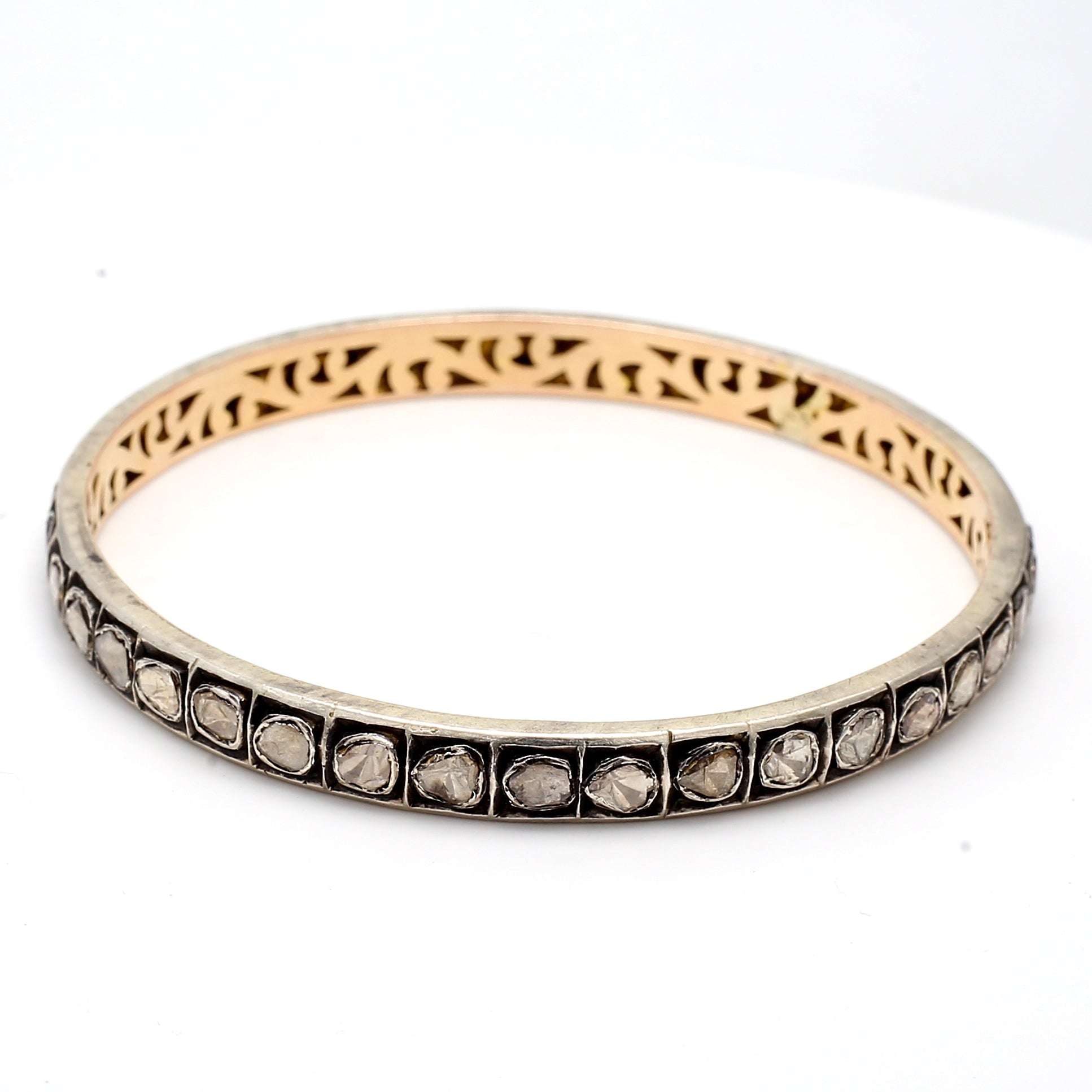6.00 Carat Rose Cut and mixed cut I1 Diamond Gold/Silver Bangle Bracelet