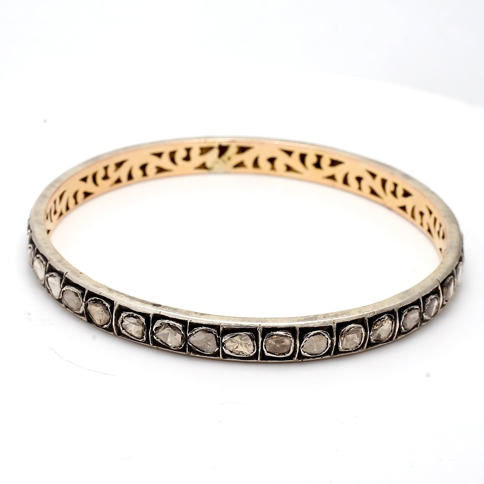 6.00 Carat Rose Cut and mixed cut I1 Diamond Gold/Silver Bangle Bracelet