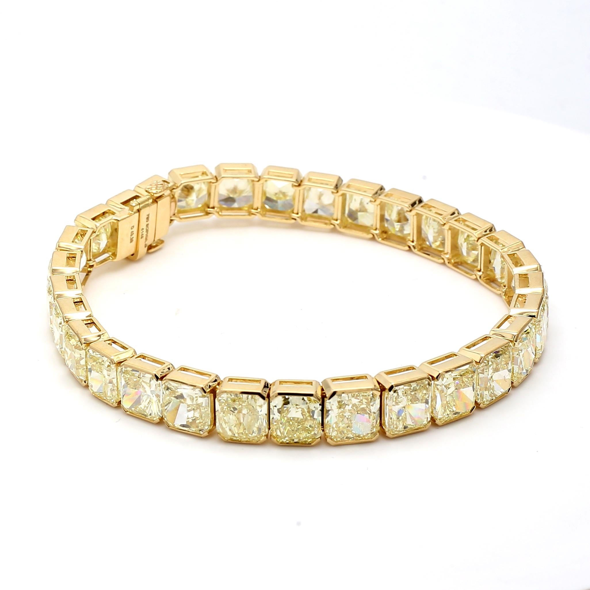 43.35 Carat Radiant Cut Fancy light yellow GIA Diamond 18K YG Tennis Bracelet