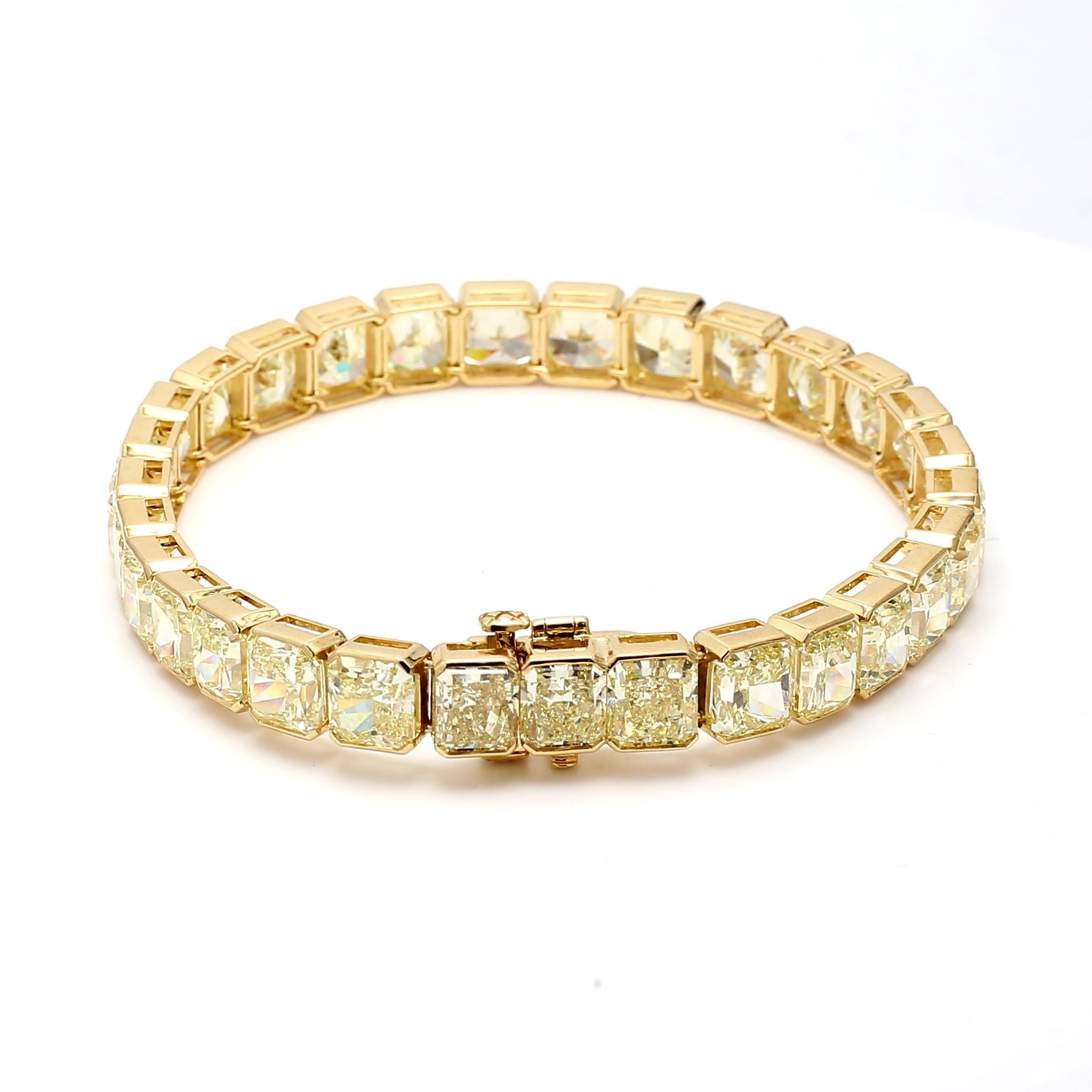 43.35 Carat Radiant Cut Fancy light yellow GIA Diamond 18K YG Tennis Bracelet