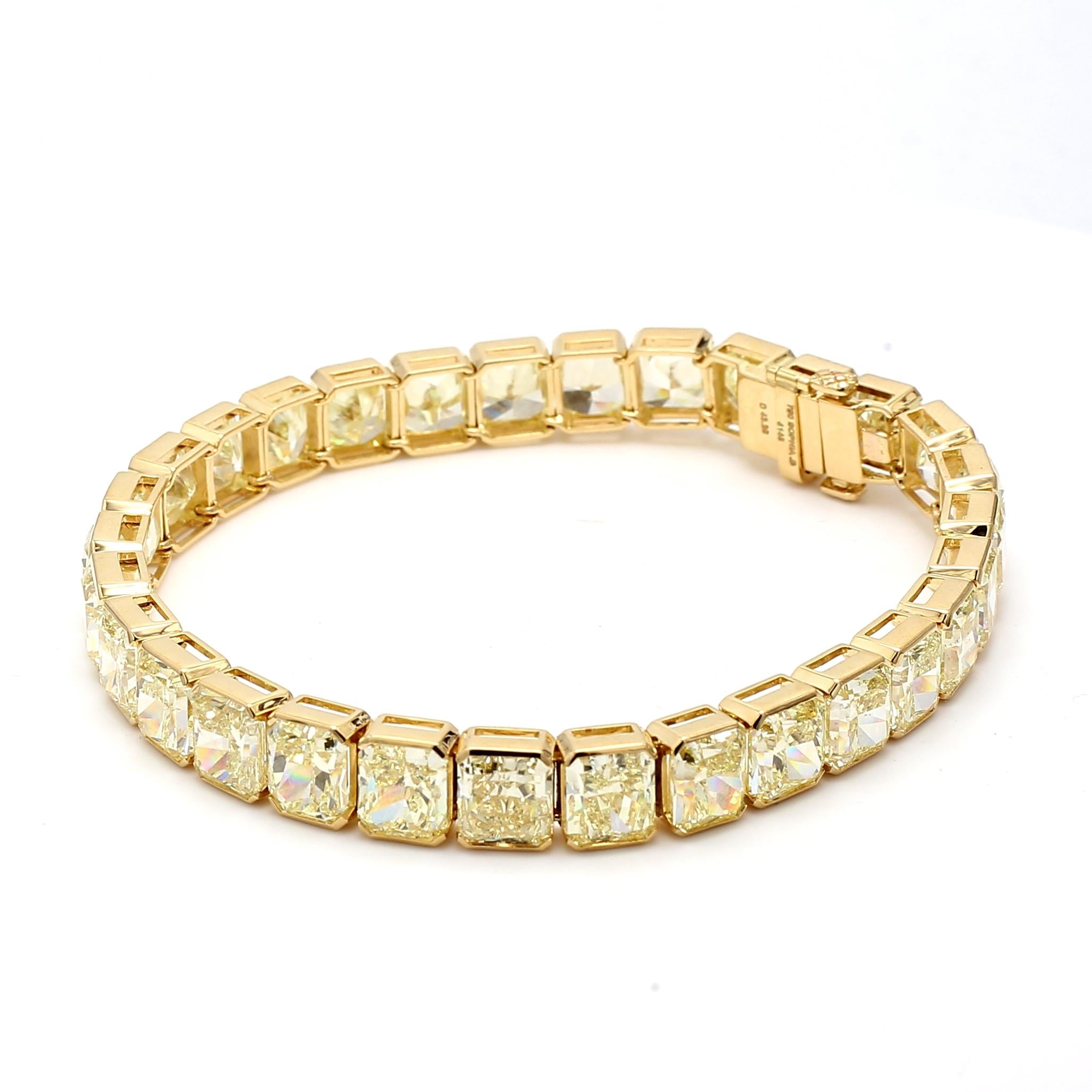43.35 Carat Radiant Cut Fancy light yellow GIA Diamond 18K YG Tennis Bracelet
