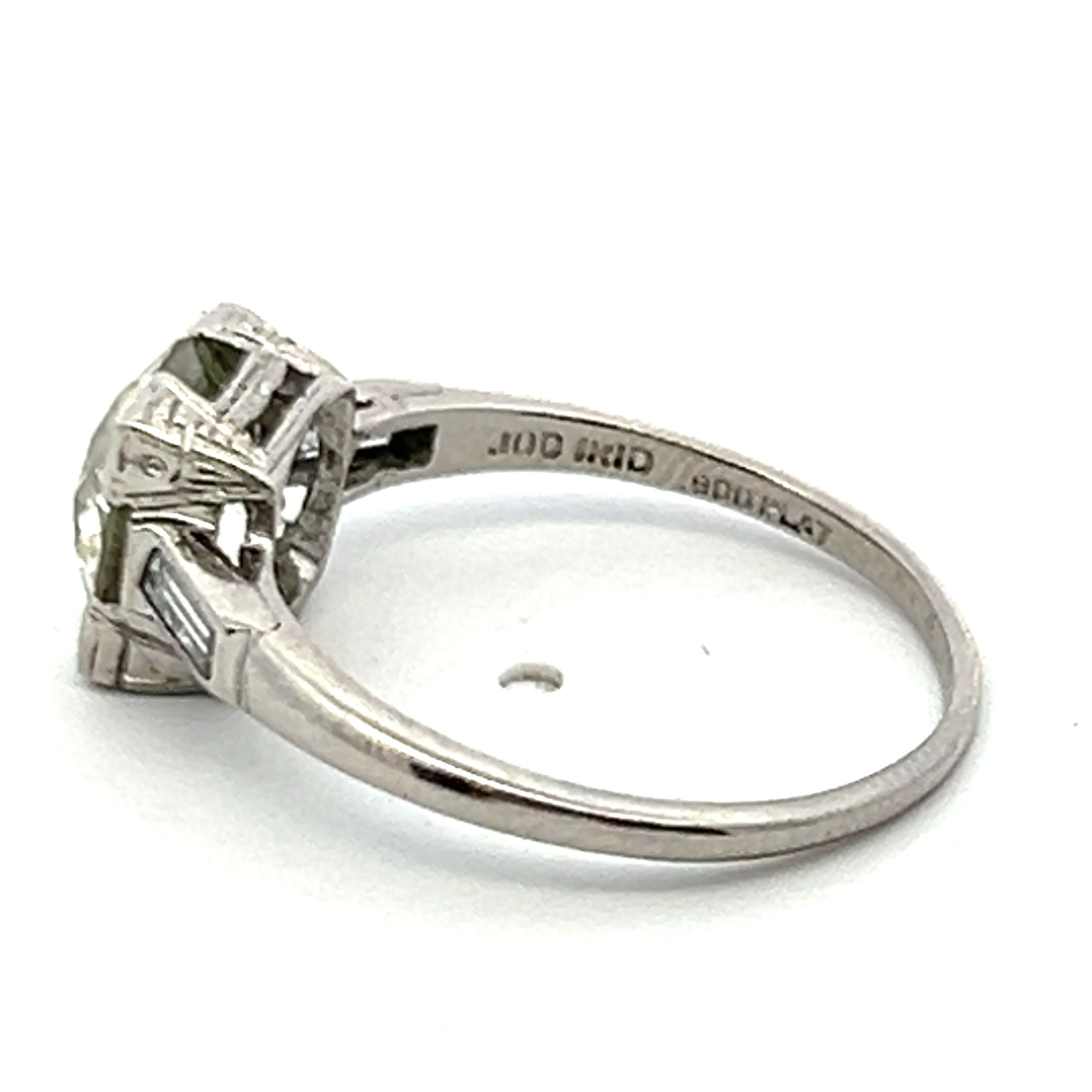 1.82 Carat Old European Cut O VS2 and Baguette Shape K VS1 Diamond Platinum Vintage Ring