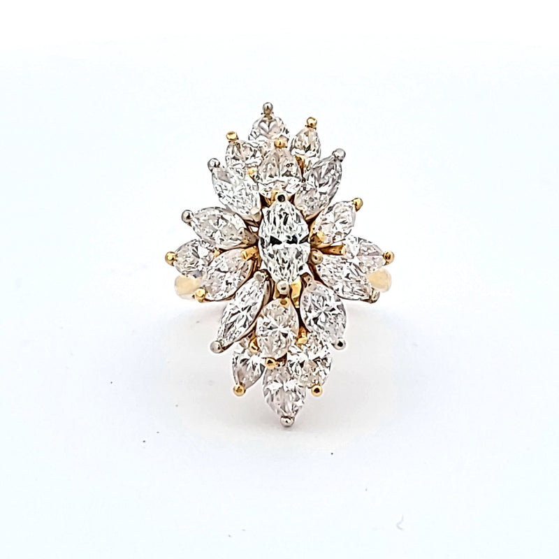 5.50 Carat Marquis Shape H SI1-SI2 Diamond 18 Karat Yellow Gold Cluster Ring