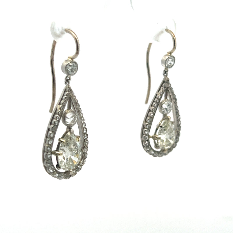 5.69 Carat Pear Shape and Old European Cut Diamond Platinum Wire Hook Earrings