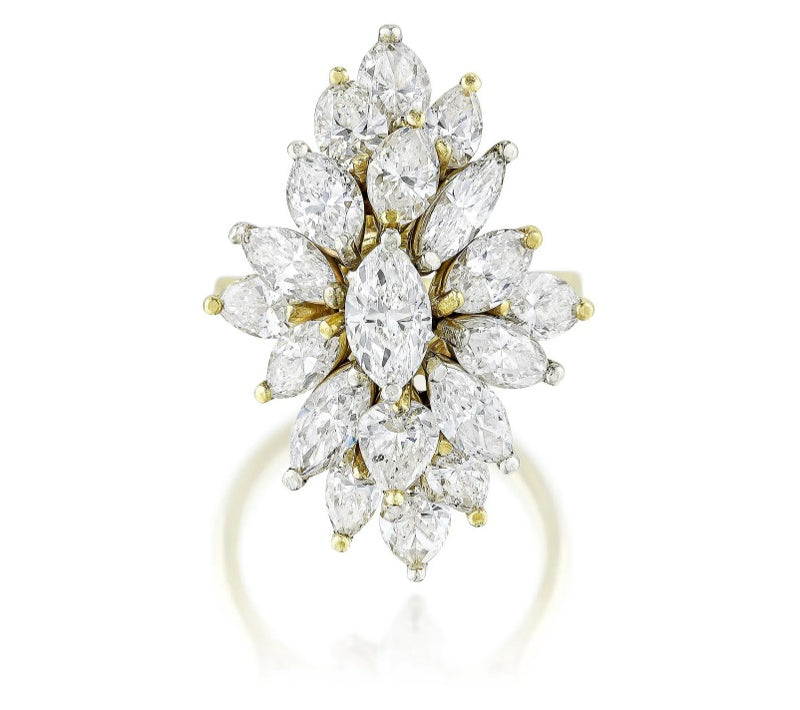 5.50 Carat Marquis Shape H SI1-SI2 Diamond 18 Karat Yellow Gold Cluster Ring