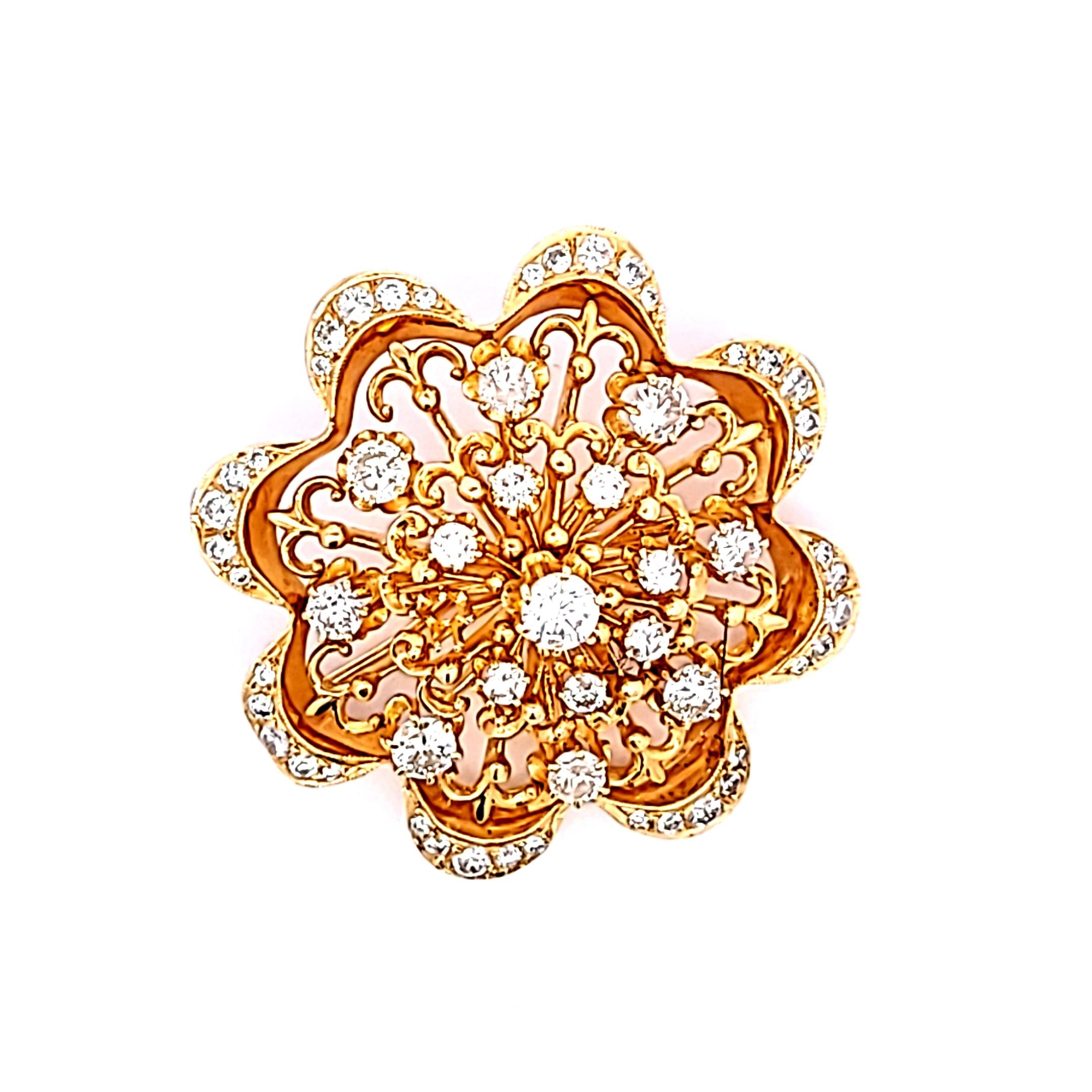 4.70ct Round Brilliant Diamond Flower Pin in 18K Yellow Gold